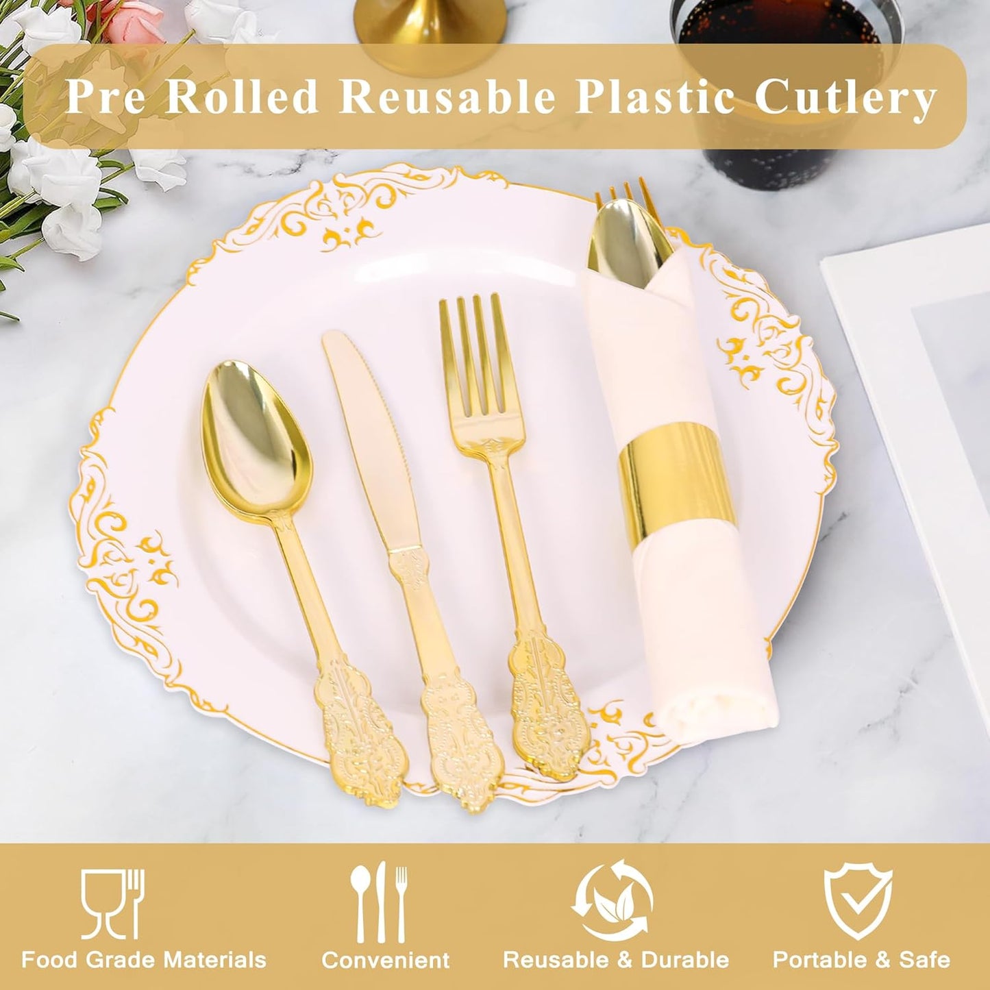 50 Pack Pre Rolled Gold Plastic Silverware Set,Fancy Wrapped Plastic Cutlery Set with Napkin Include 50 Forks,50 Spoons,50 Knives and 50 White Napkins for Party, Wedding