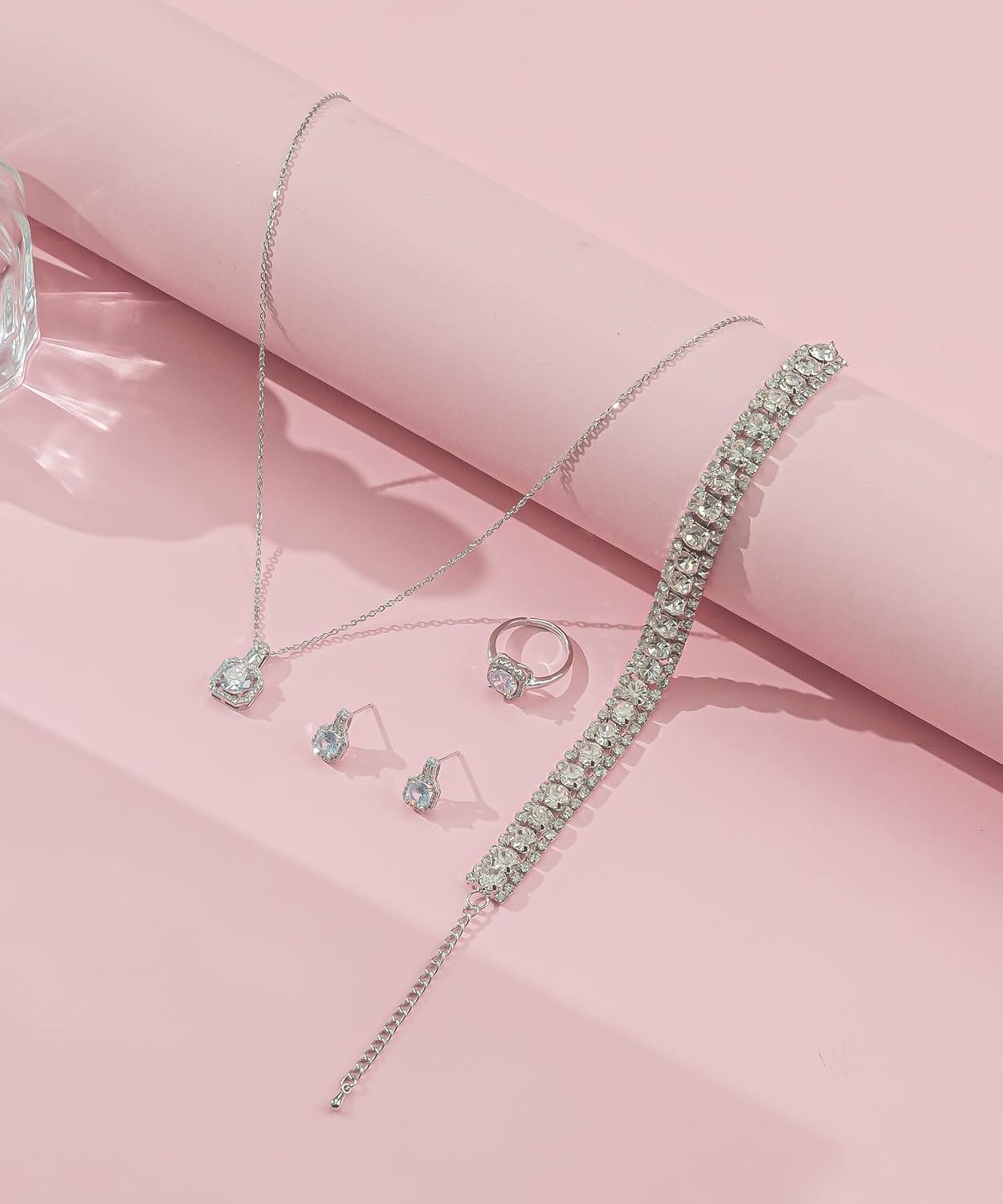 4pcs Cubic Zirconia Wedding Jewelry Sets for Bride Bridesmaid Cubic Zirconia Pendant Necklace Earrings Link Tennis Bracelet Open Ring Set for Women