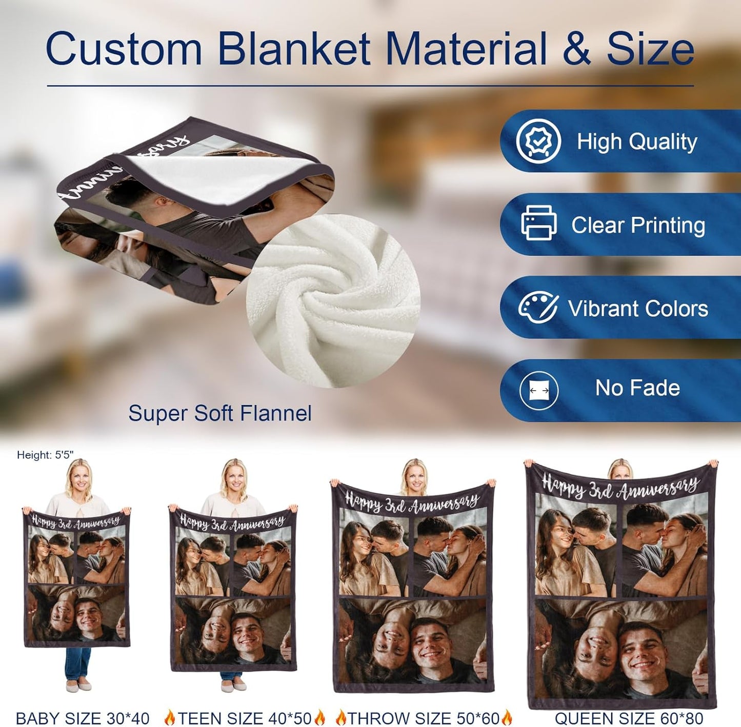 MeMoShe Custom Blanket with Picture Personalized Photo Blanket Wedding Gifts for Couples Customized Blanket I Love You for Girlfriend Boyfriend Husband Wife-3 Photos