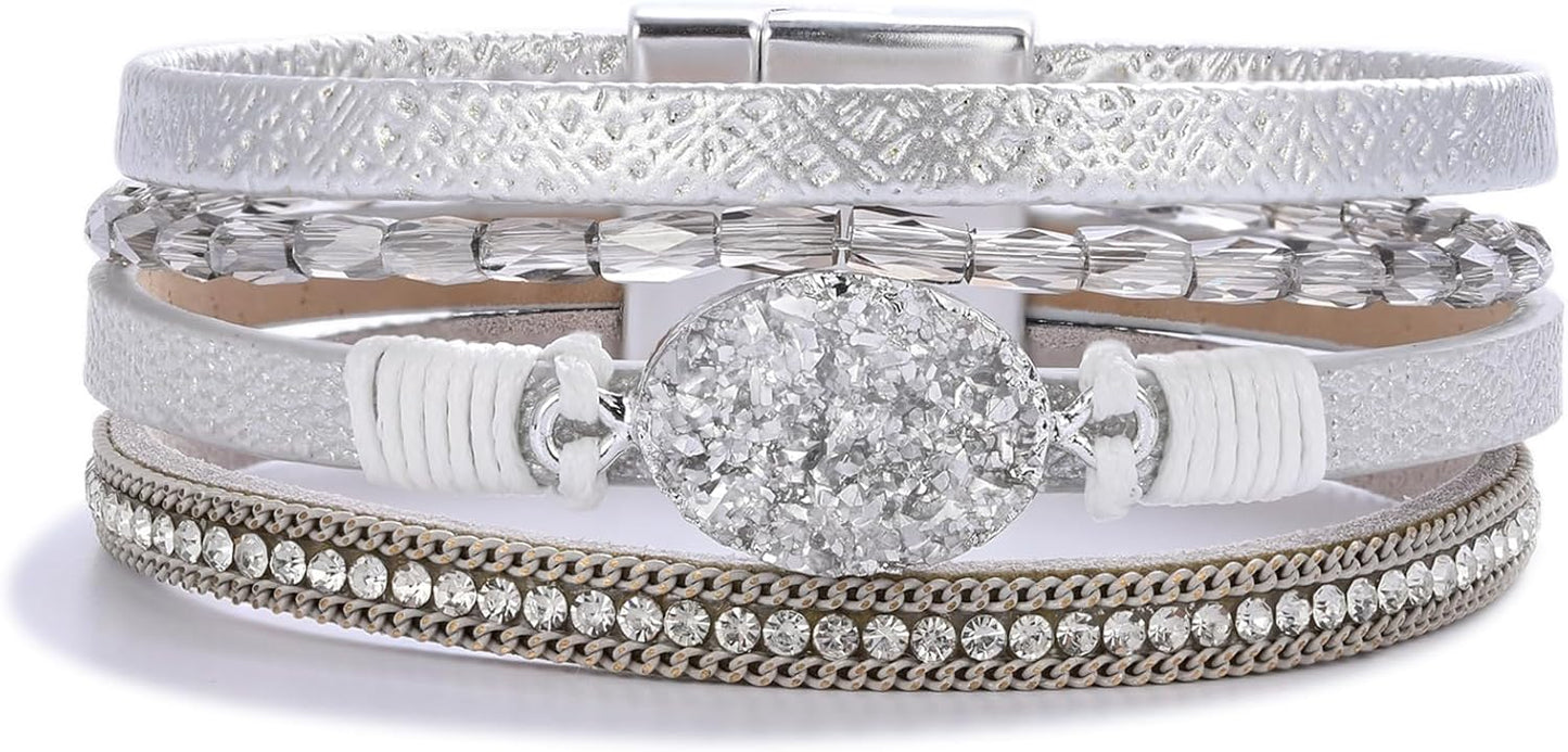 FANCY SHINY Leather Wrap Bracelet Boho Cuff Bangle Bracelets Crystal Bead Bracelet with Magnetic Clasp Jewelry Gifts for Women