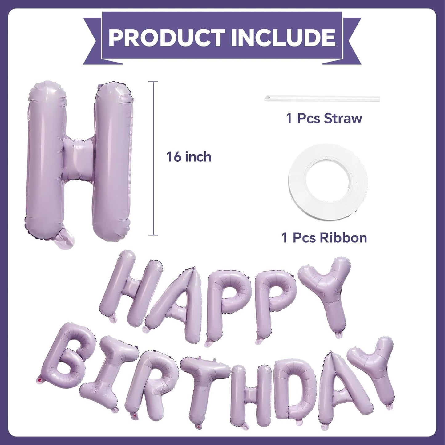 KALOR Pastel Purple Happy Birthday Balloons Banner, 16 Inch Mylar Foil Letters Balloon Sign for Women, Men, Boys & Girls Kids Birthday Decorations Photo Backdrop