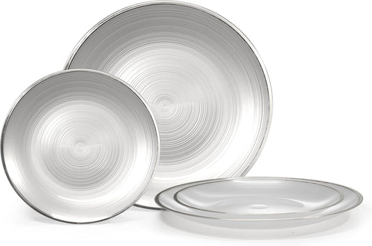 " OCCASIONS " 50 Plates Pack (25 Guests)-Wedding Party Disposable Plastic Plate Set -25 x 10'' Dinner + 25 x 7'' Salad & Dessert plates (Belize in White Pearl & Silver)