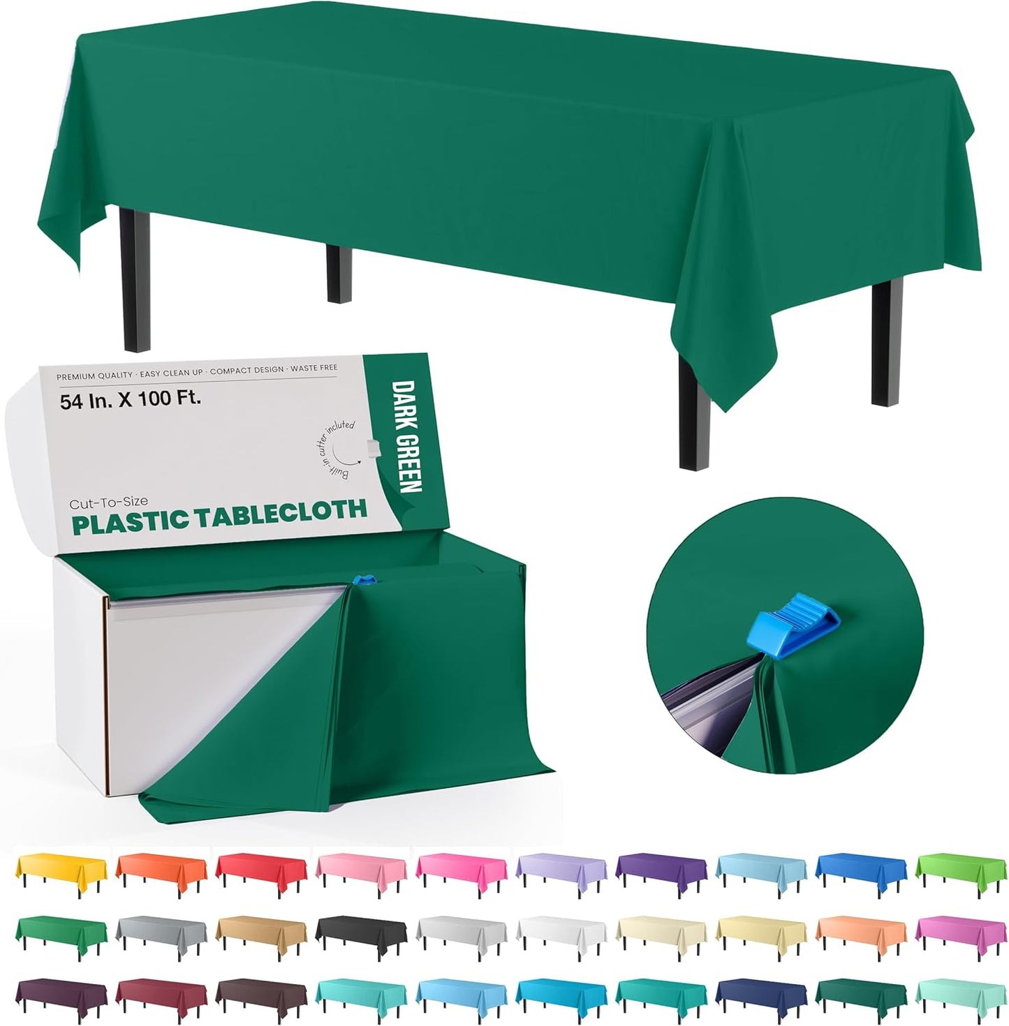 Party Solids 54 Inch X 100 Feet Dark Green Plastic Table Cover Roll in A Cut - to - Size Box with Convenient Slide Cutter. Cuts Up to 12 Rectangle 8 Feet Plastic Disposable Tablecloths