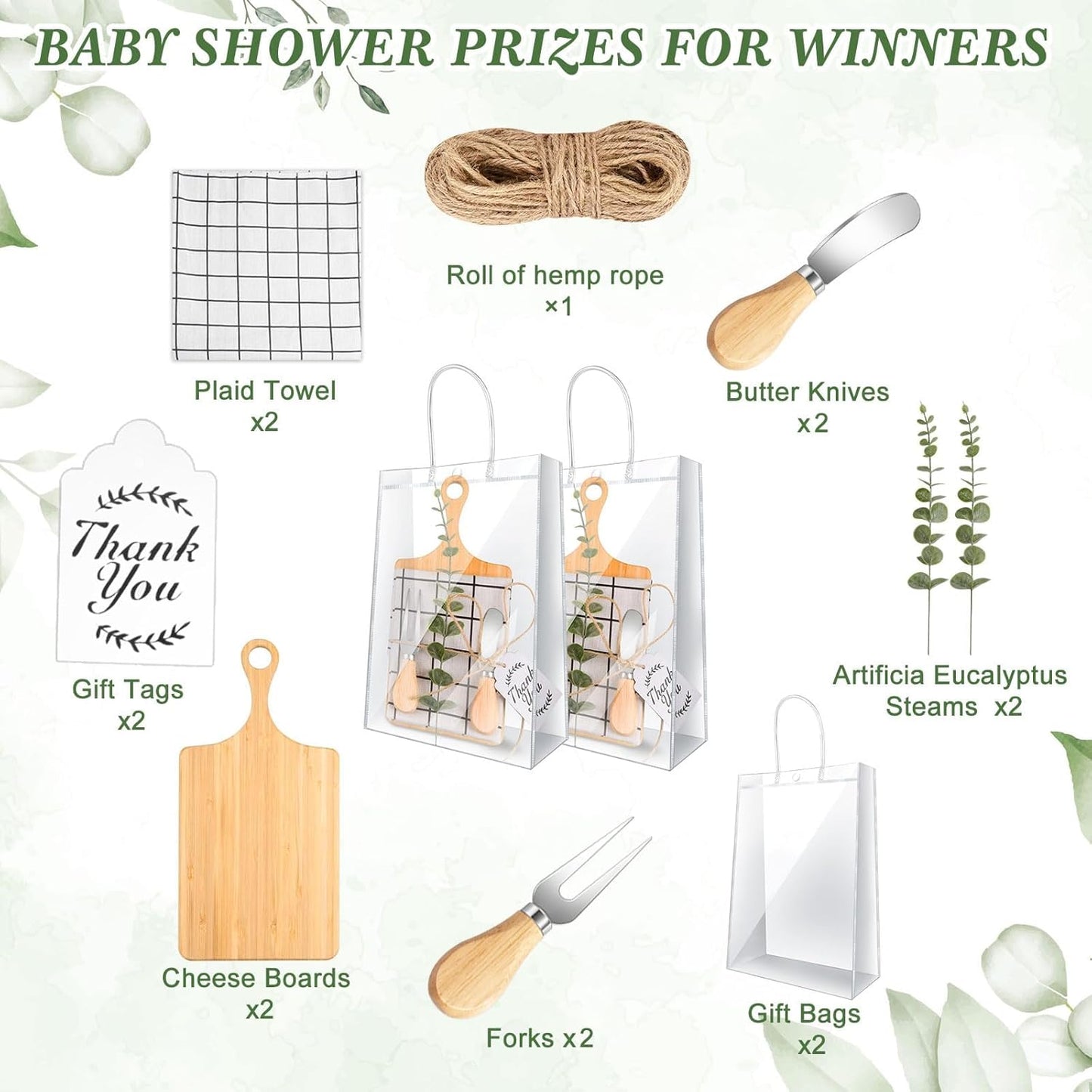 15 Pcs Baby Shower Prizes for Game Player for Wedding Bridal Favors Baby Shower Winners with Bamboo Cheese Board Bamboo Spoon Placemats Artificial Eucalyptus Stems Tags Bags