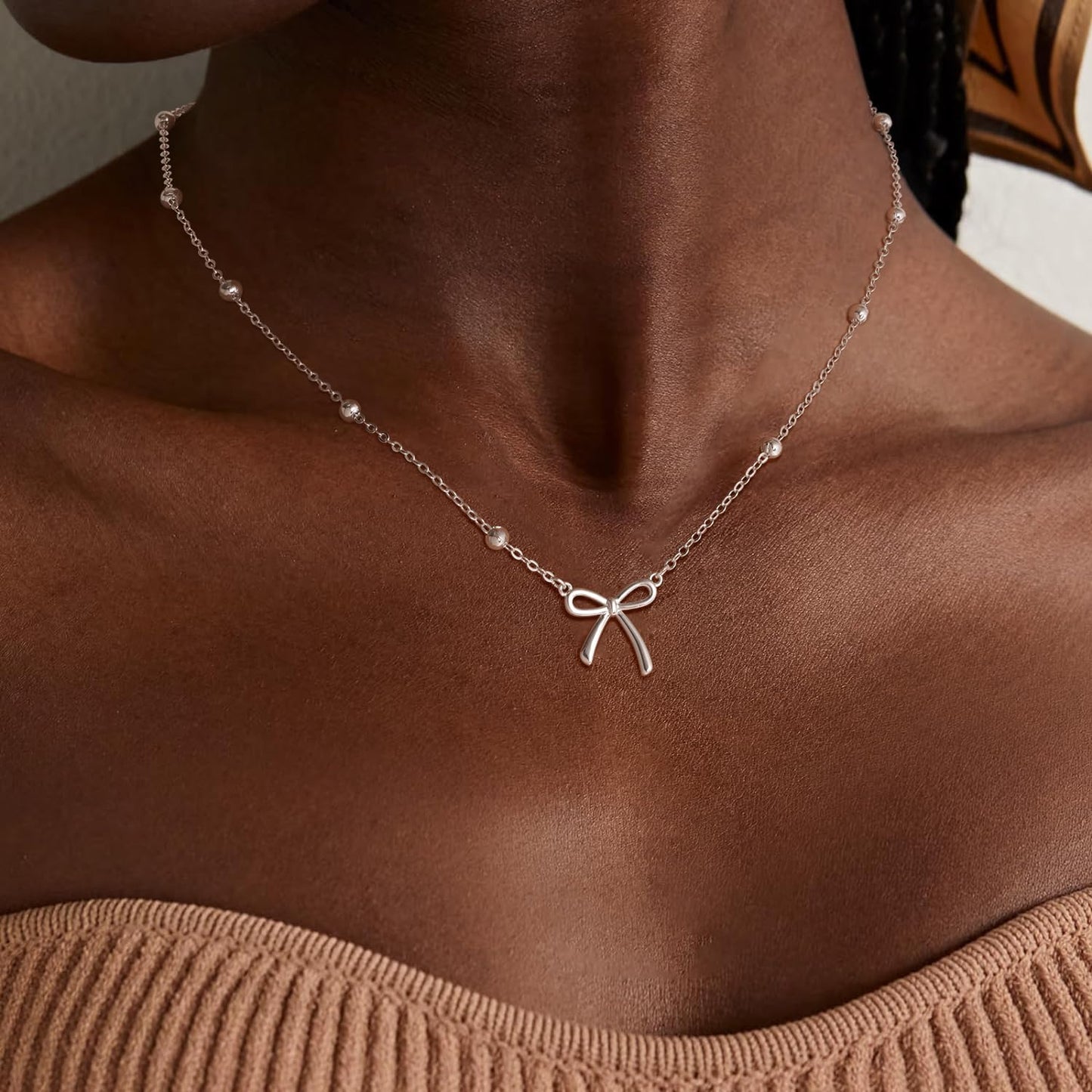 Stocking Stuffers for Women Dainty Bow Necklace 14K Gold Plated Cute Choker Small Pendant Charm Necklaces Teen Gift Trendy Stuff Personalized Jewelry Christmas Gifts