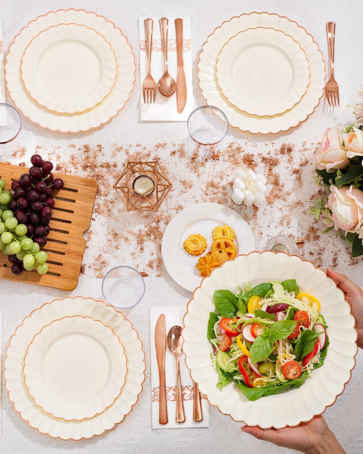YOUBET 175PCS Ivory Scalloped Plastic Plates - Rose Gold Disposable Dinnerware Set Include 50 Plates, 75 Rose Gold Silverware, 25 Cups, 25 Napkins for Party & Wedding & Baby Shower