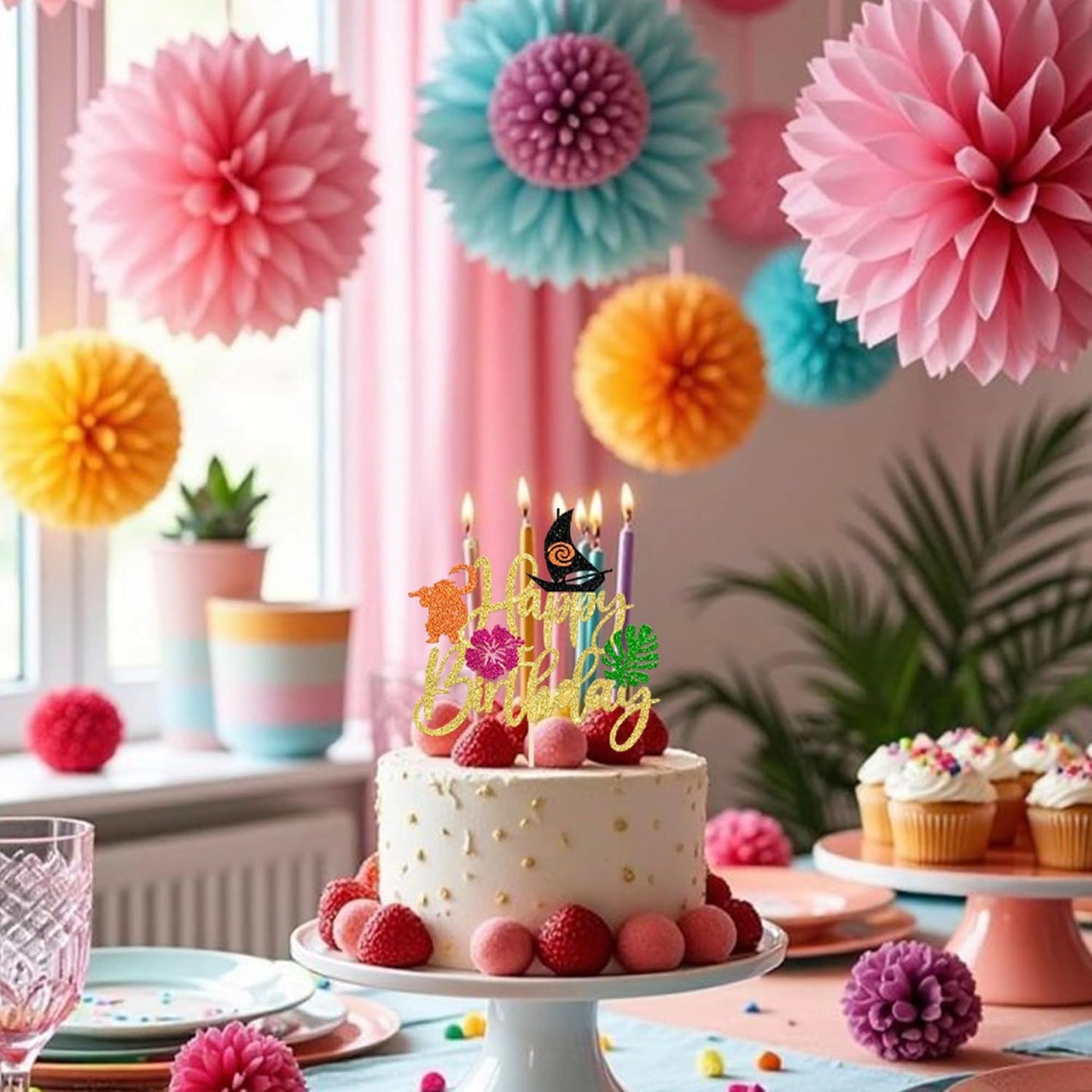 1 Pack Moana Cake Toppers Glitter Palm Leaf Moana Cake Picks The Sea is Calling Hawaiian Tropical Cupcake Decorations for Luau Summer Baby Shower Birthday Party Supplies Gold