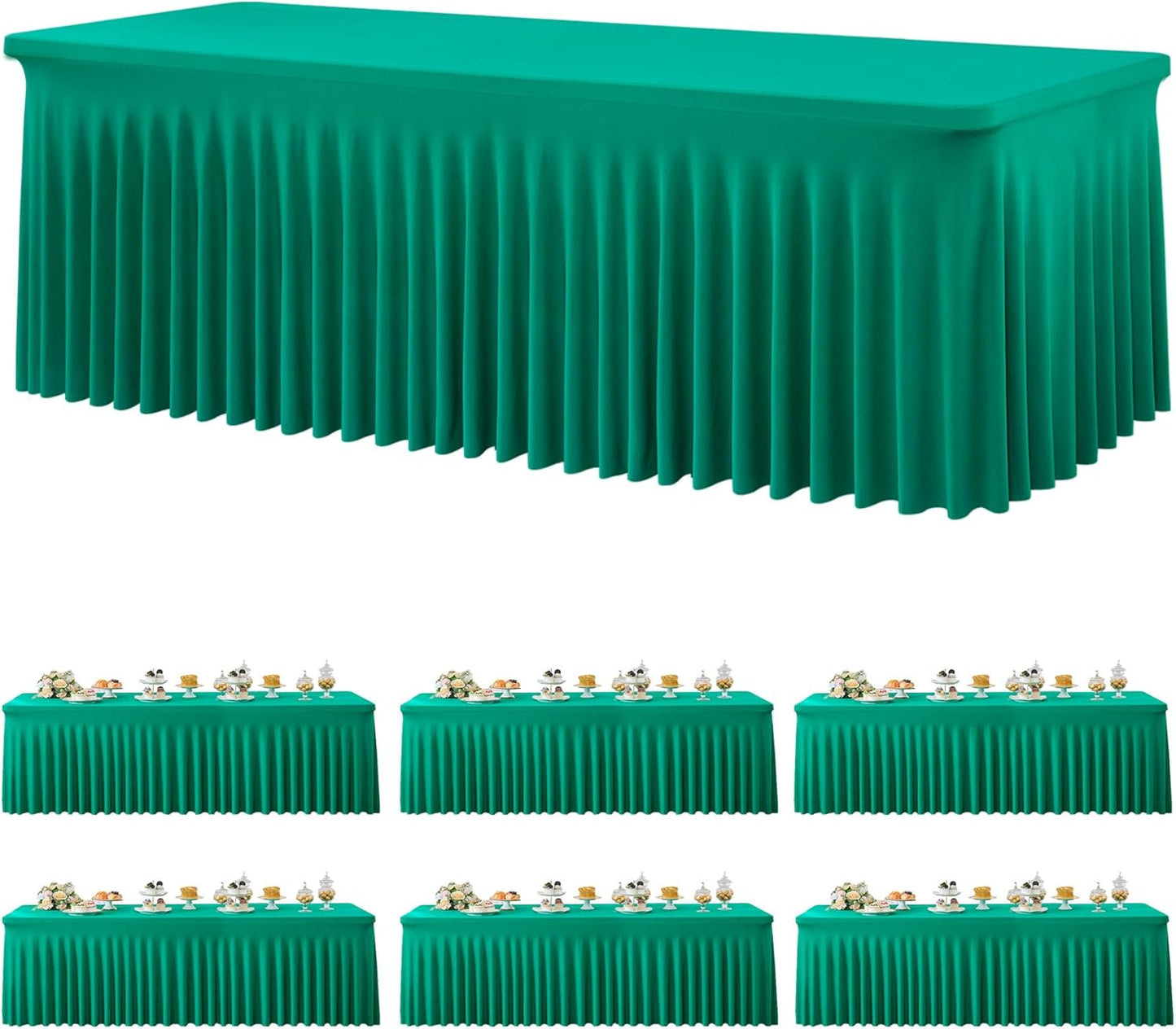 6 Pack Emerald Green Spandex Tablecloth for 6 Foot Rectangle Tables, Wrinkle Free Fitted Table Cloth Cover 6ft Green Stretchy Tablecloths with Skirt for Parties Weddings Birthday Banquet Baby Shower