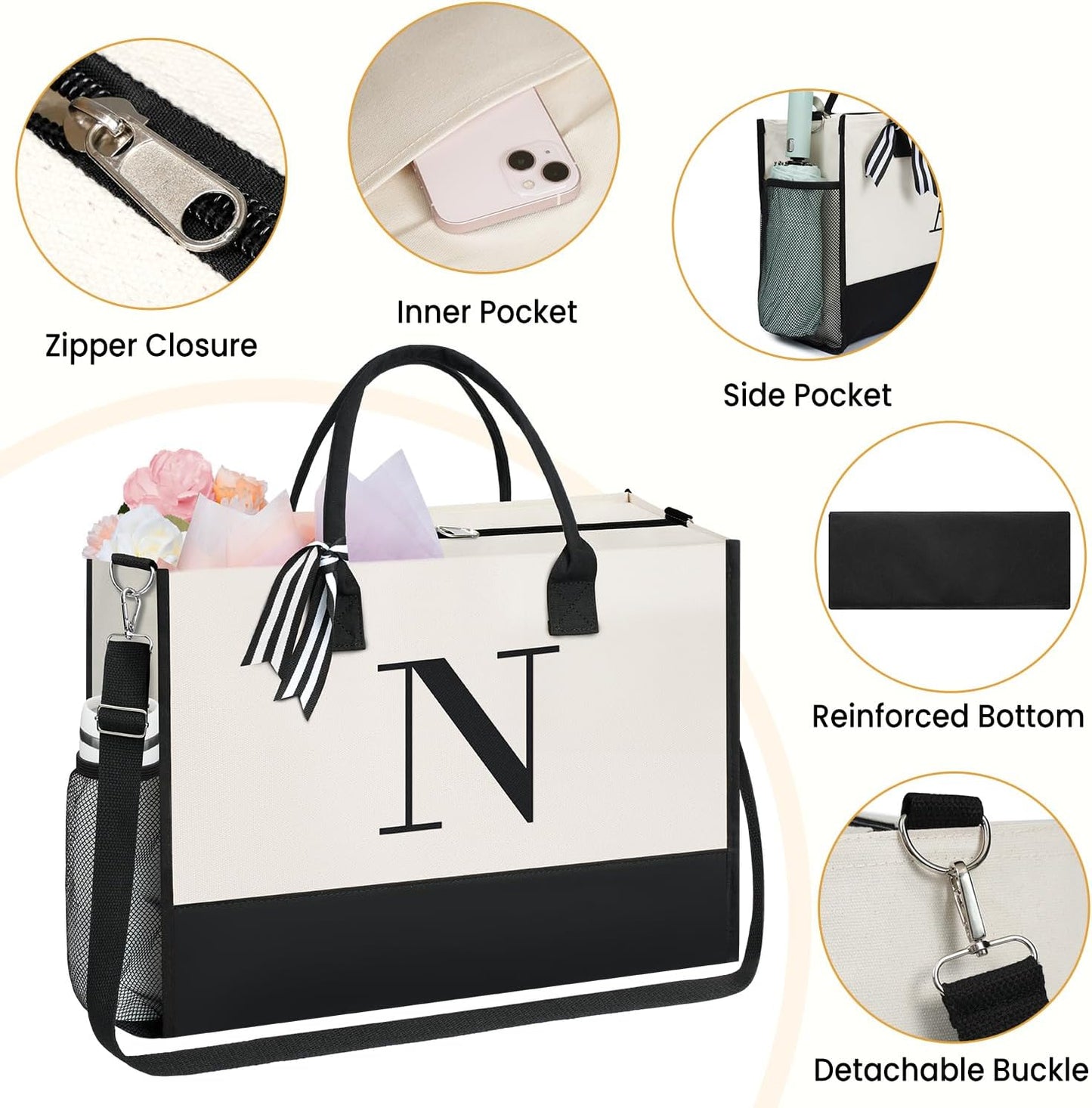 BAGAIL Initial Tote Bag, Personalized Birthday Gifts for Women, Teacher, Friends, Mom, Wedding, Monogrammed Beach Bag