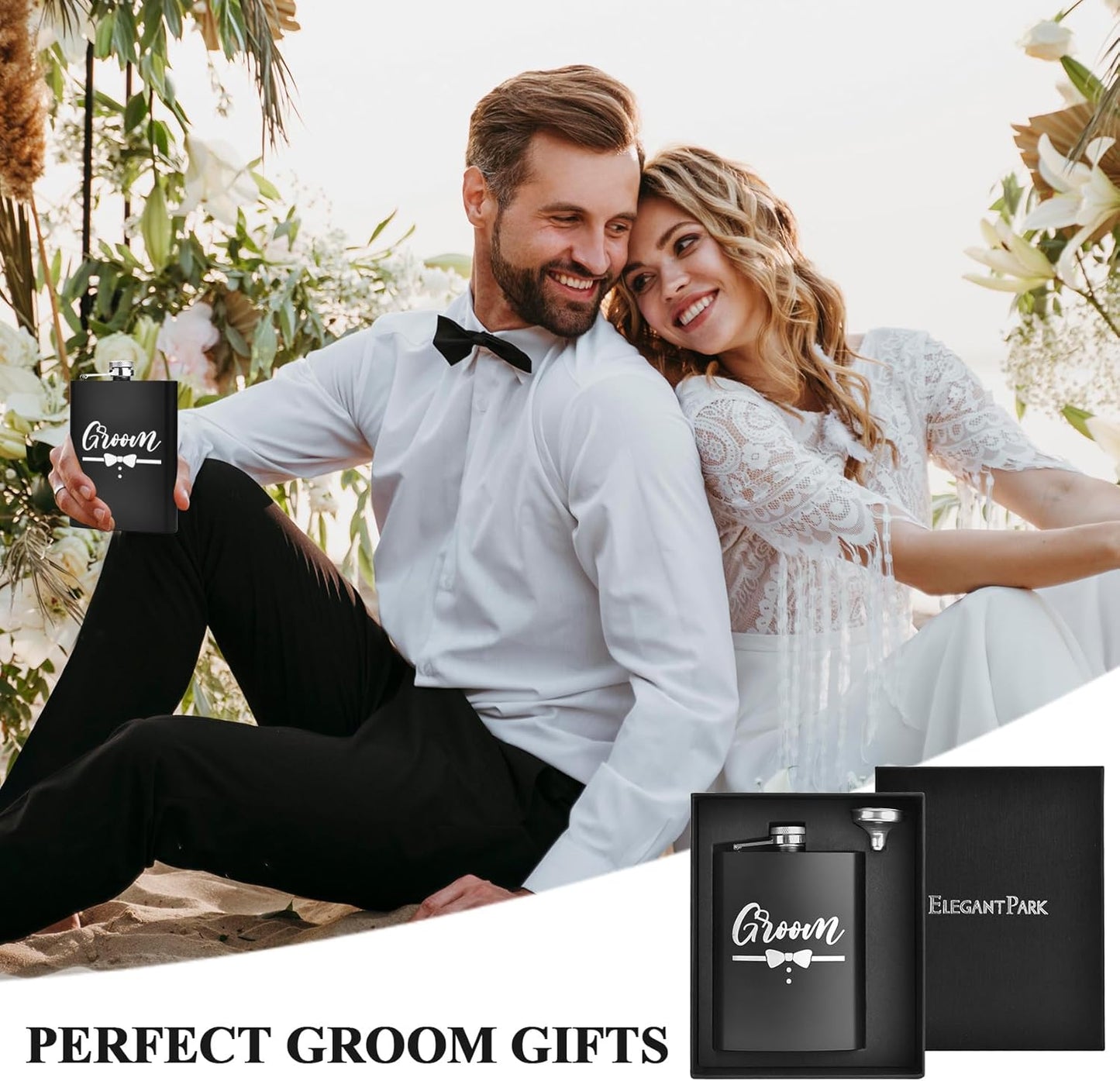 ELEGANTPARK Engraved Groom Flask Personalized Groom Gifts for Wedding Stainless Steel 8 OZ Black Hip Flask for Liquor with Funnel