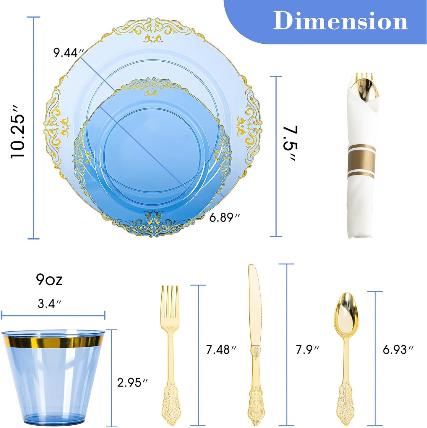 350PCS Gold and Blue Plastic Plates, Gold Plastic Dinnerware Sets for 50 Guests, 100 Disposable Plates, 150 Silverware, 50 Cups, 50 Napkins for Party and Wedding