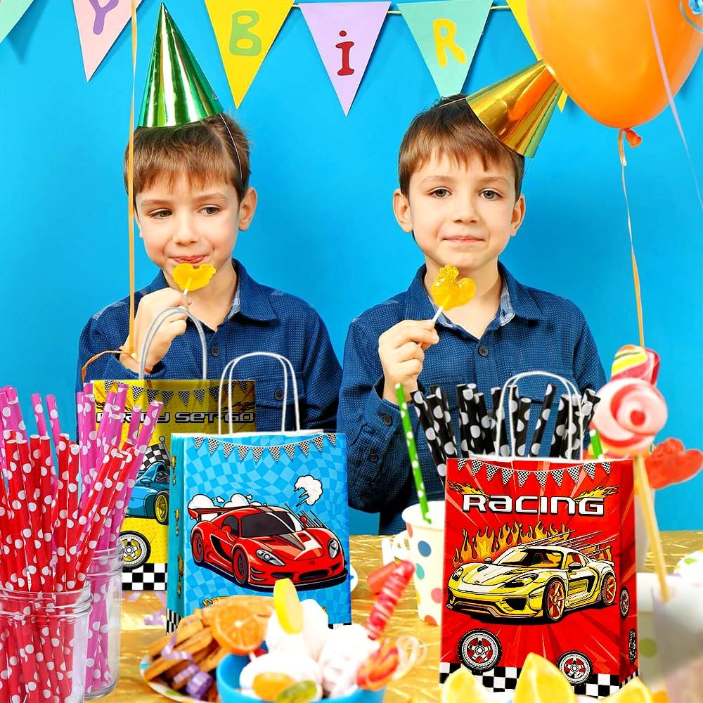 24 Pcs Racing Car Party Favor Bags with Handles - Race Car Goodie Bags Gift Bags. Checkered Two Fast Theme Candy Bags for Kids, Kraft Paper Bags for Birthday Party Supplies Decorations