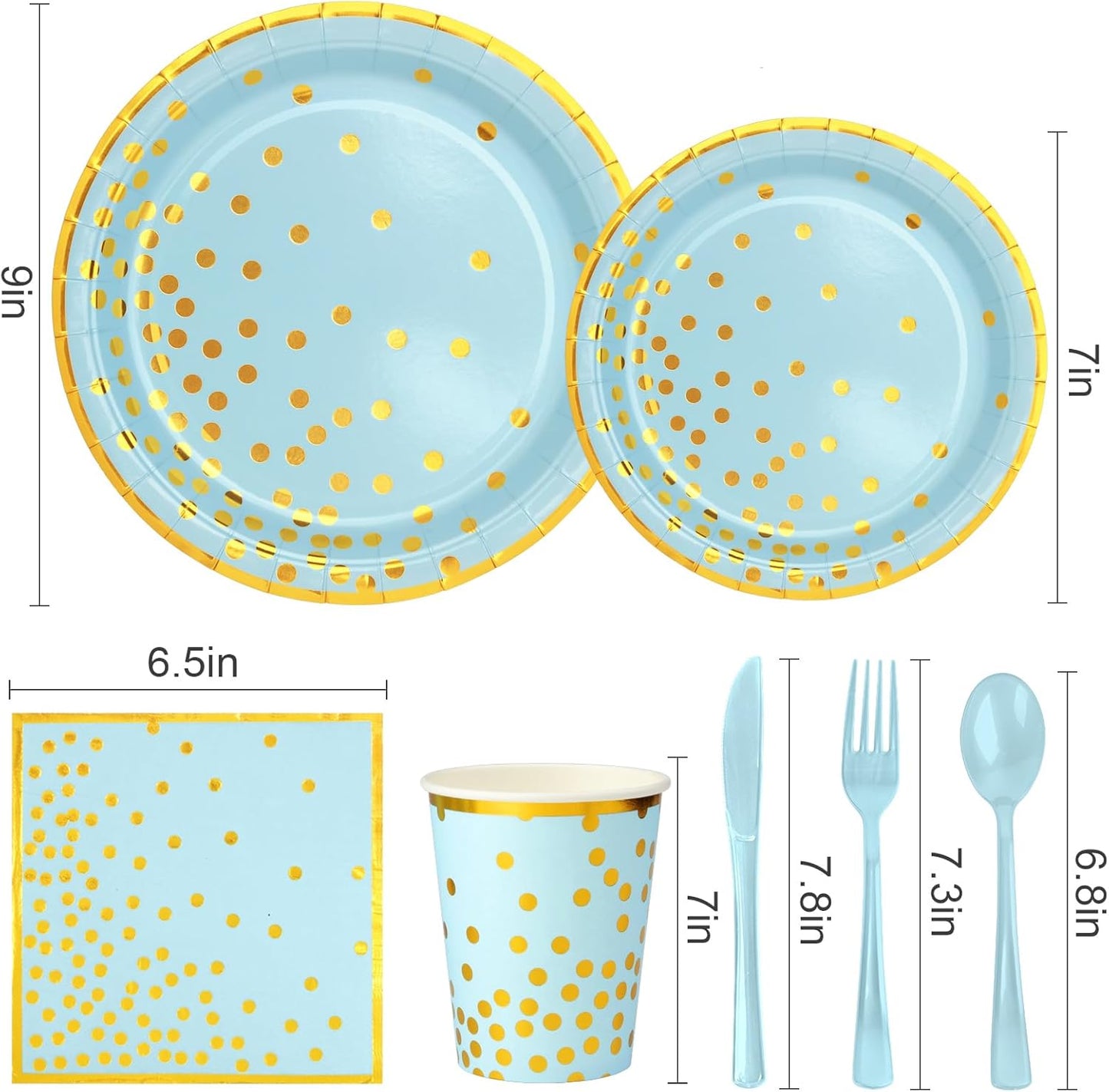 Light Blue and Gold Plates and Napins Party Supplies, Severs 25 Disposable Party Dinnerware Include Forks Knives Spoons Napkins Cups for Birthday, Wedding Baby Shower,Boys Birthday,Anniversary