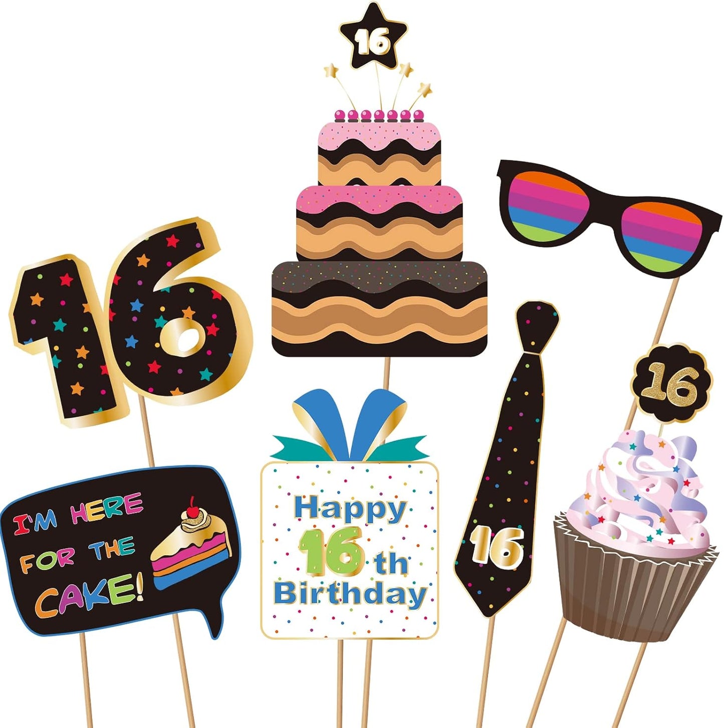 BRT Bearingshui Sweet 16 Photo Booth Props Accessories, Birthday Party Decoration, 40pcs Cardstock Photo Booth Props Kit with Sticks & Adhesive Pads