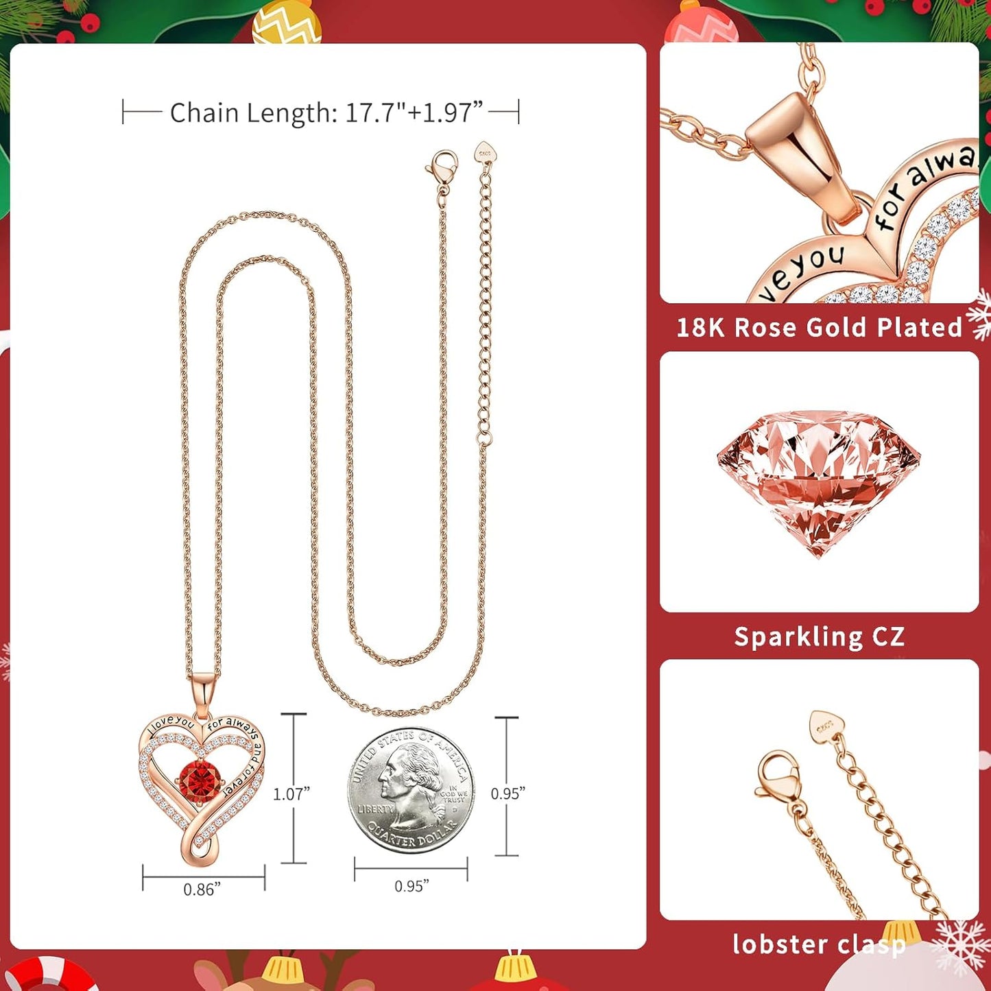 18K Rose Gold Infinity Love Heart Birthstone Necklace for Women Wife, Anniversary for Women Wife Birthday Gift for Her Girlfriend Mom Daughters, I Love You Women's Jewelry S925 Sterling Silver