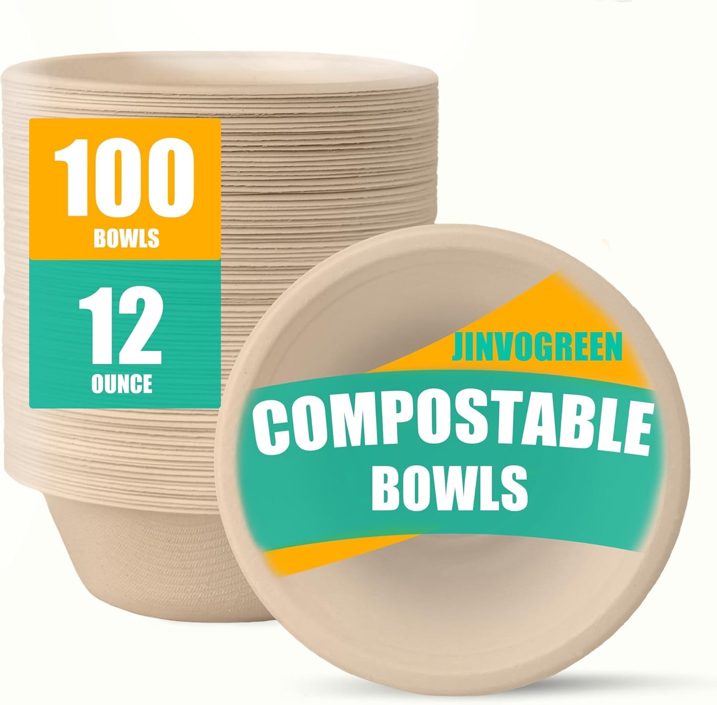 12 oz Paper Bowls, 100 Count Disposable Compostable Bowls, Heavy Duty Biodegradable Bagasse Bowl for Snacks, Soup, and Salads, Natural