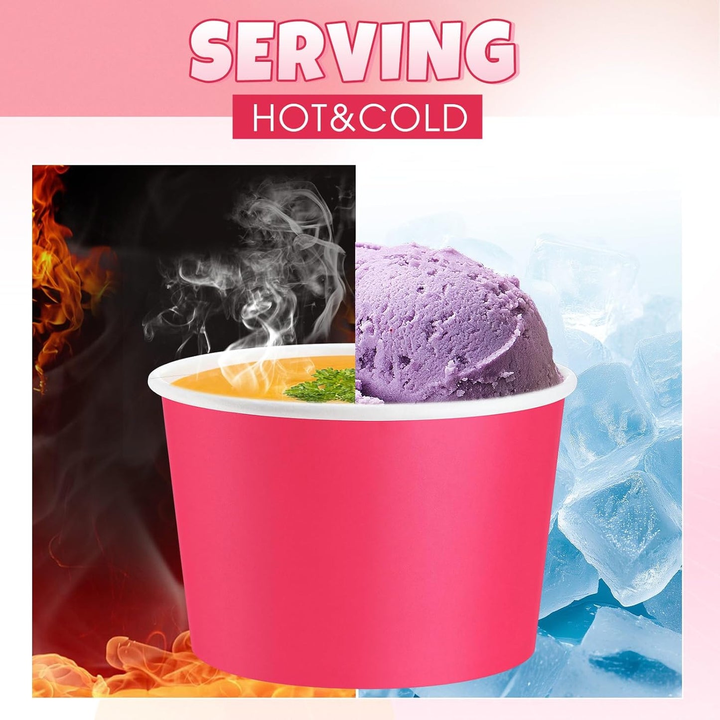 Paper Ice Cream Cups 9oz Colored Disposable Dessert Bowls for Hot or Cold Food Party Cups for Birthday Baby Shower Easter Party Supplies(Hot Pink,60 Pcs)
