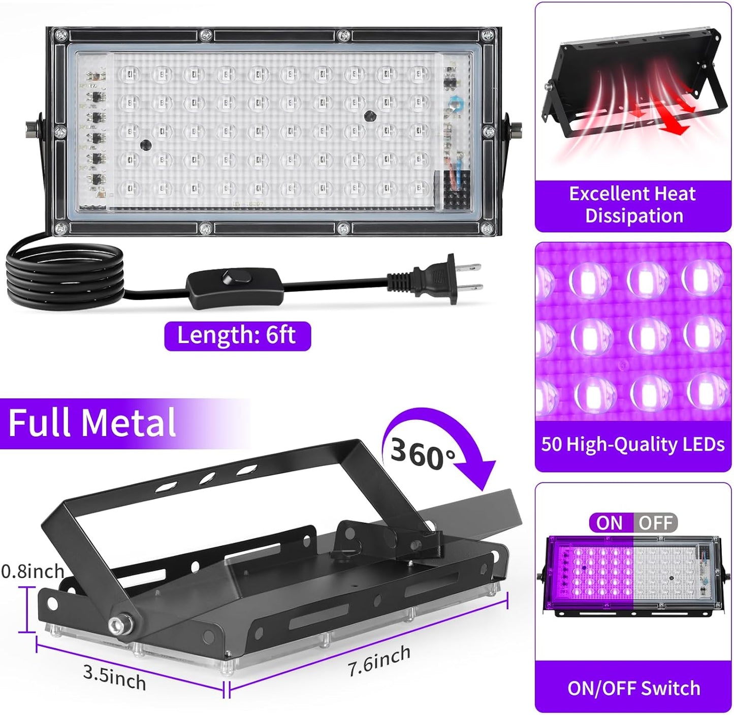 50W Black Lights with Switch+Plug, IP66 Waterproof, LED Blacklight Flood Light for Glow Party, Halloween, Bedroom, Fluorescent Poster, Body Paint, 2 Pack