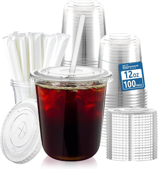 Homestockplus 100 Pack 12 oz BPA-Free Clear Plastic Cups with Lids and Straws - Leak-Proof Disposable Straw Cups, Iced Coffee Cups for Kids Drinks, Smoothies & To-Go Cold Beverages