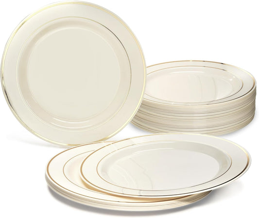 " OCCASIONS " 40 Plates Pack, Heavyweight Disposable Wedding Party Plastic Plates (9'' Luncheon Plate, Ivory & Gold Rim)