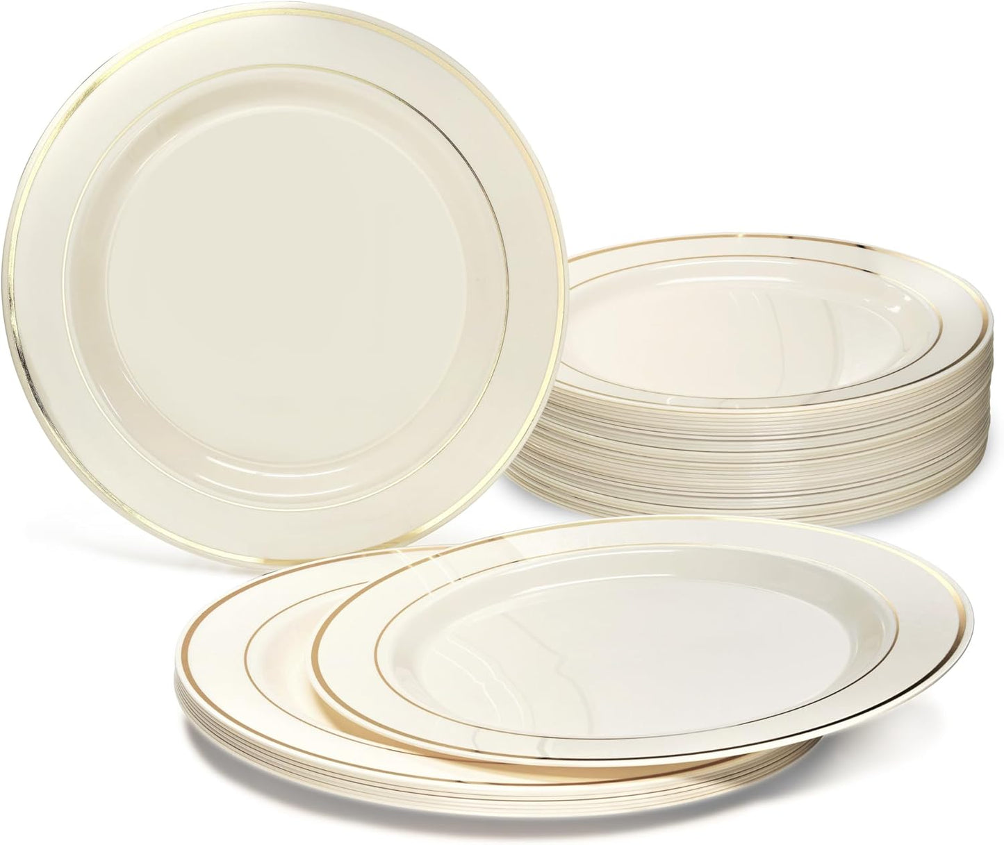 " OCCASIONS " 40 Plates Pack, Heavyweight Disposable Wedding Party Plastic Plates (7.5'' Appetizer/Dessert Plate, Ivory & Gold Rim)