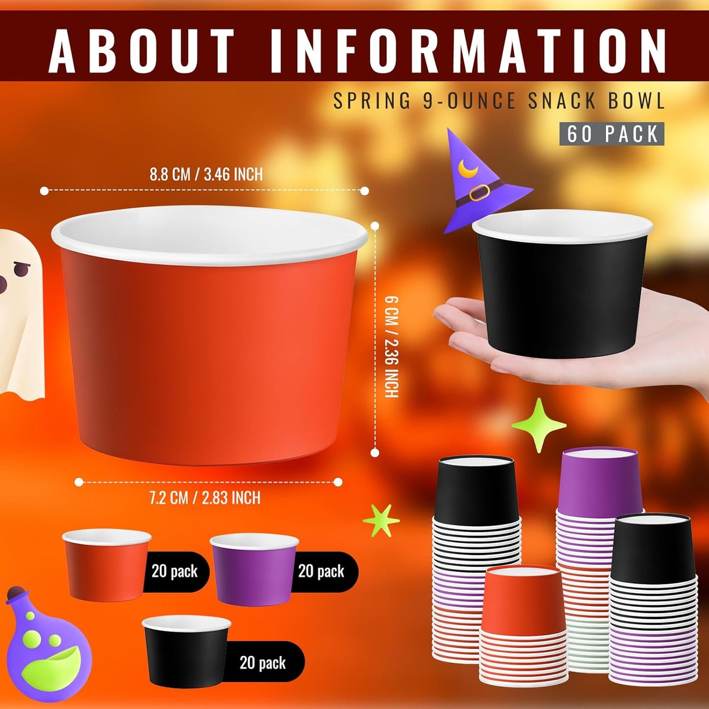 Paper Ice Cream Cups 9oz Colored Disposable Dessert Bowls for Hot or Cold Food Party Cups for Birthday Baby Shower Easter Party Supplies(Halloween Color,60 Pcs)