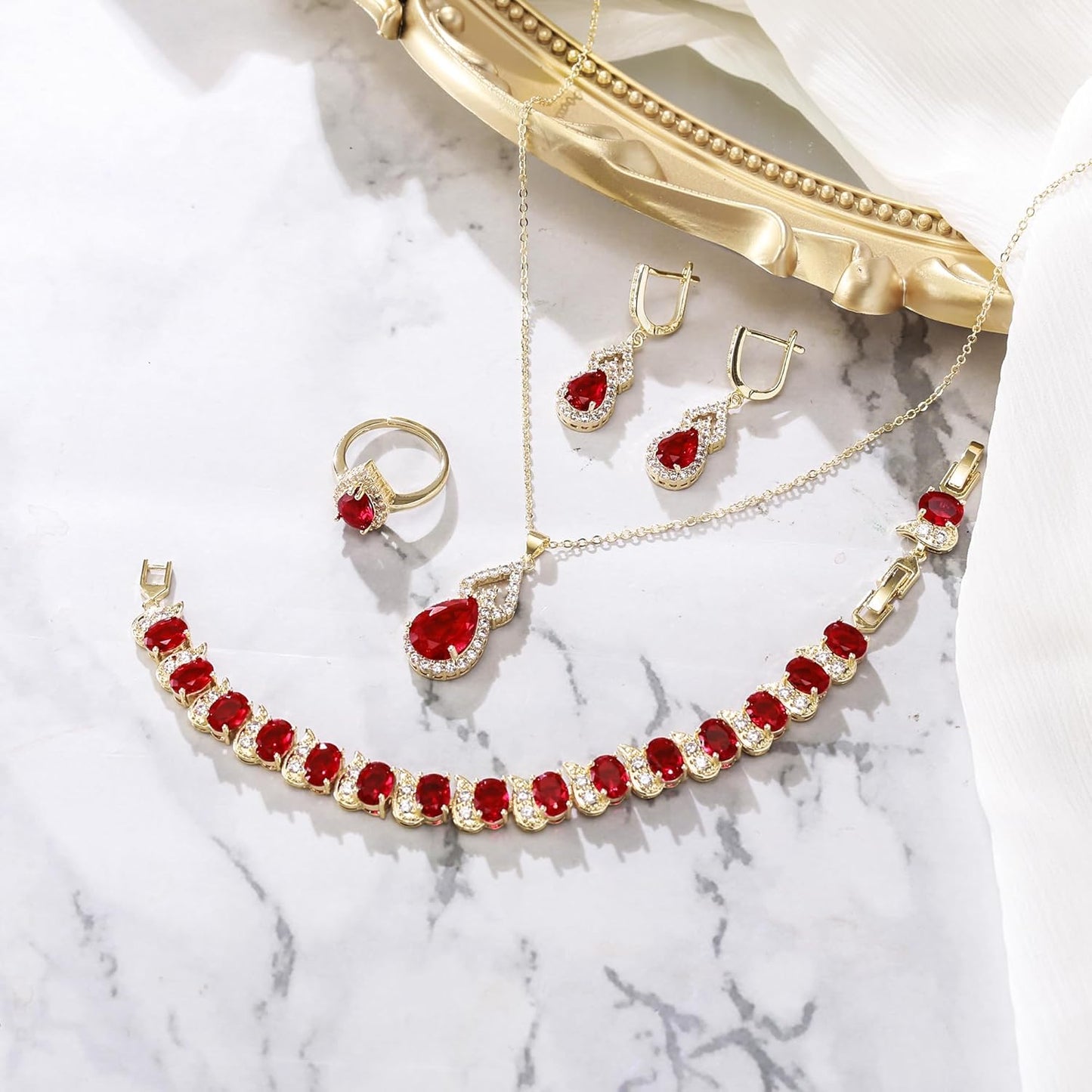 BriLove Wedding Jewelry Set for Women Bride Bridesmaid, Gorgeous Cubic Zirconia Teardrop Necklace Earrings Bracelet Adjustable Ring Jewelry Gift for Birthday/Anniversary/Mother’s Day