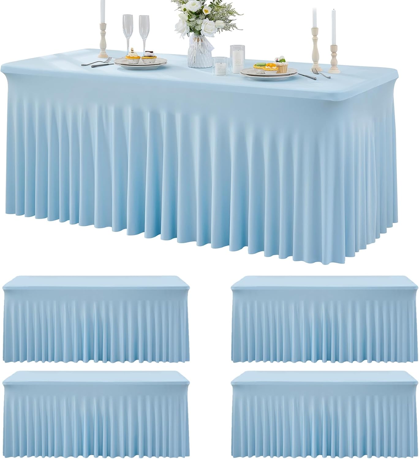 4 Pack Spandex Baby Blue Tablecloths for 6 Foot Rectangle Tables, Wrinkle Free Fitted Table Cloth 6ft Stretchy Tablecover Skirt for Parties Weddings Birthday Banquet Baby Shower