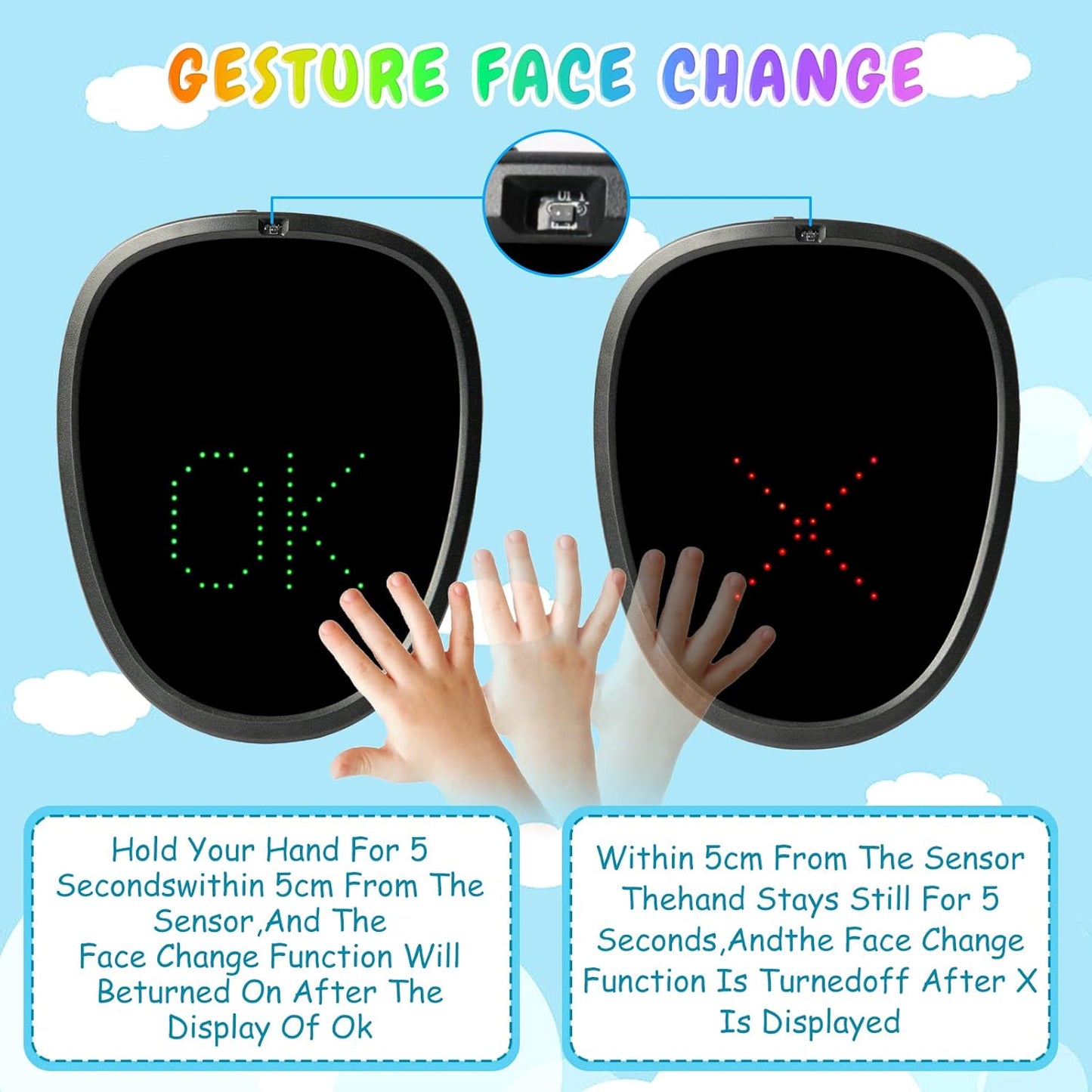 Ompusos LED Mask with Gesture Sensing, Light-Up Transforming Face Cover for Halloween, Christmas, Cosplay & Birthday Parties