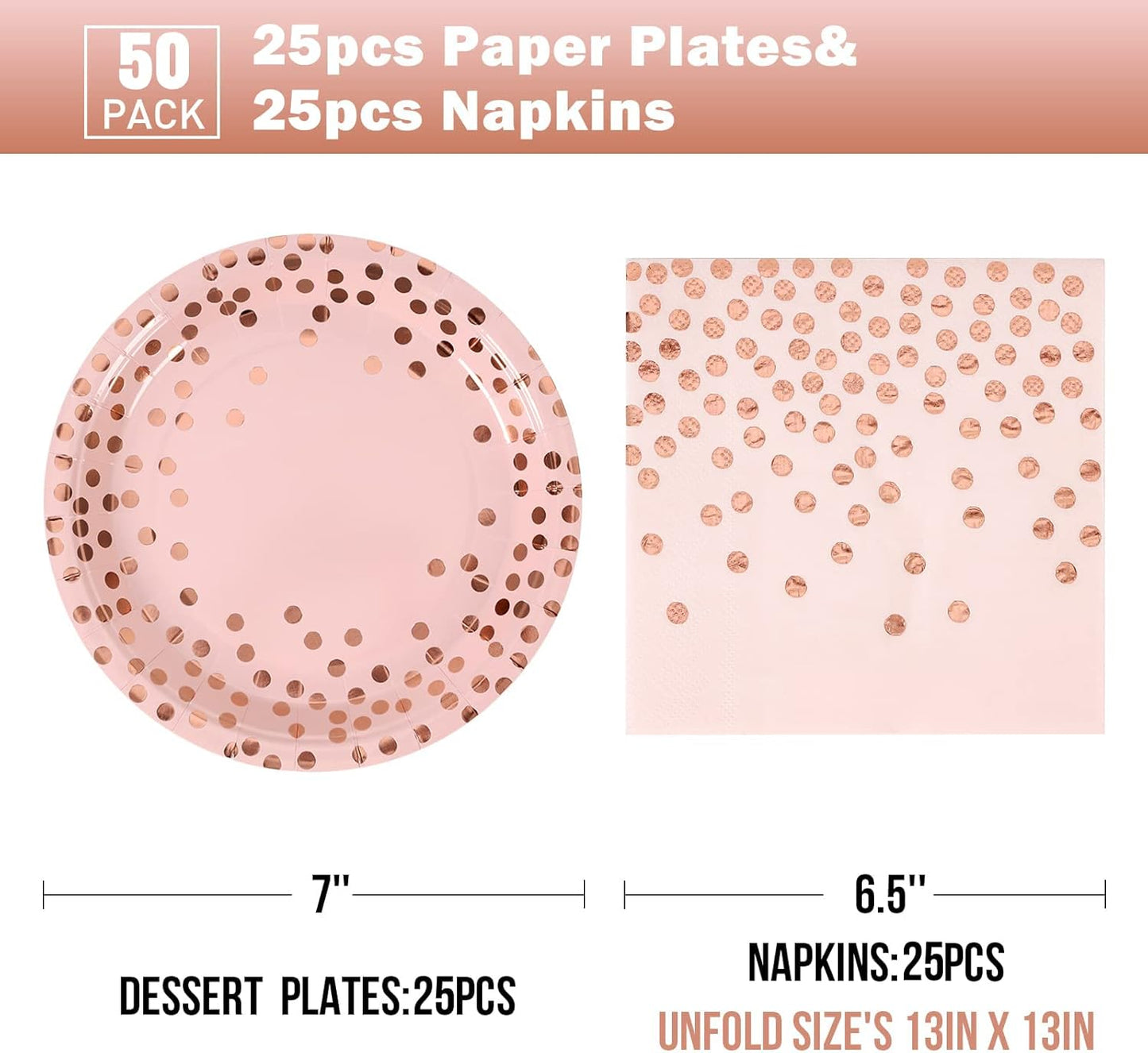 Pink and Rose Gold Paper Plates-50 Pack- 25 * 7inch Paper Plates & 25 * 6.5inch Napkins,Pink Plates and Napkins Party Supplies for Birthdays,Baby Showers and All Occasions