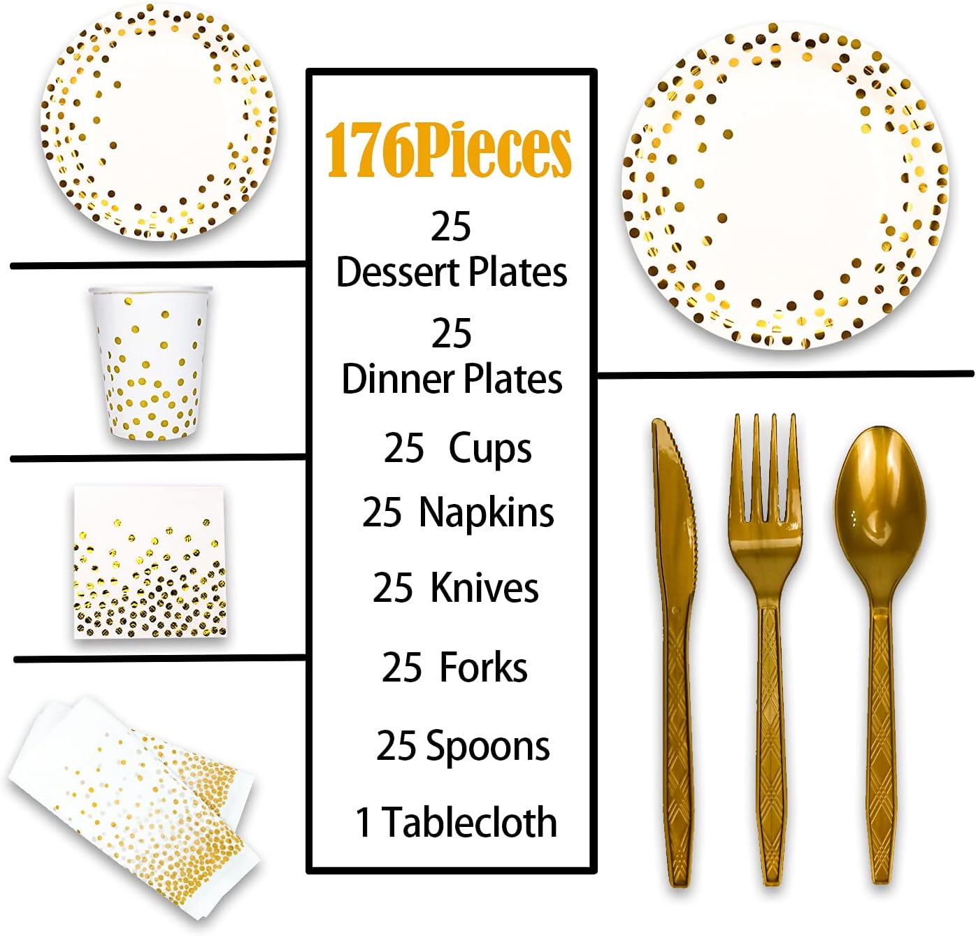 176 Pieces Gold Disposable Party Dinnerware Set &Golden Dot Disposable Party Dinnerware - Black Paper Plates Napkins Cups, Gold Plastic Forks Knives Spoons