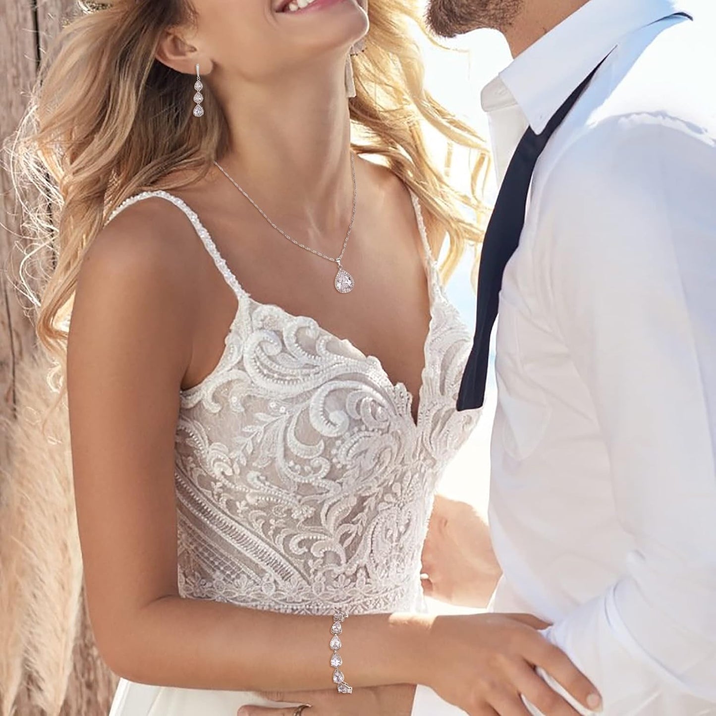 EleQueen Water Drop Pendant Necklace Long Dangle Earrings Tennis Bracelet Set, Sparkle Cubic Zirconia Teardrop Wedding Jewelry Sets for Bride Bridesmaid