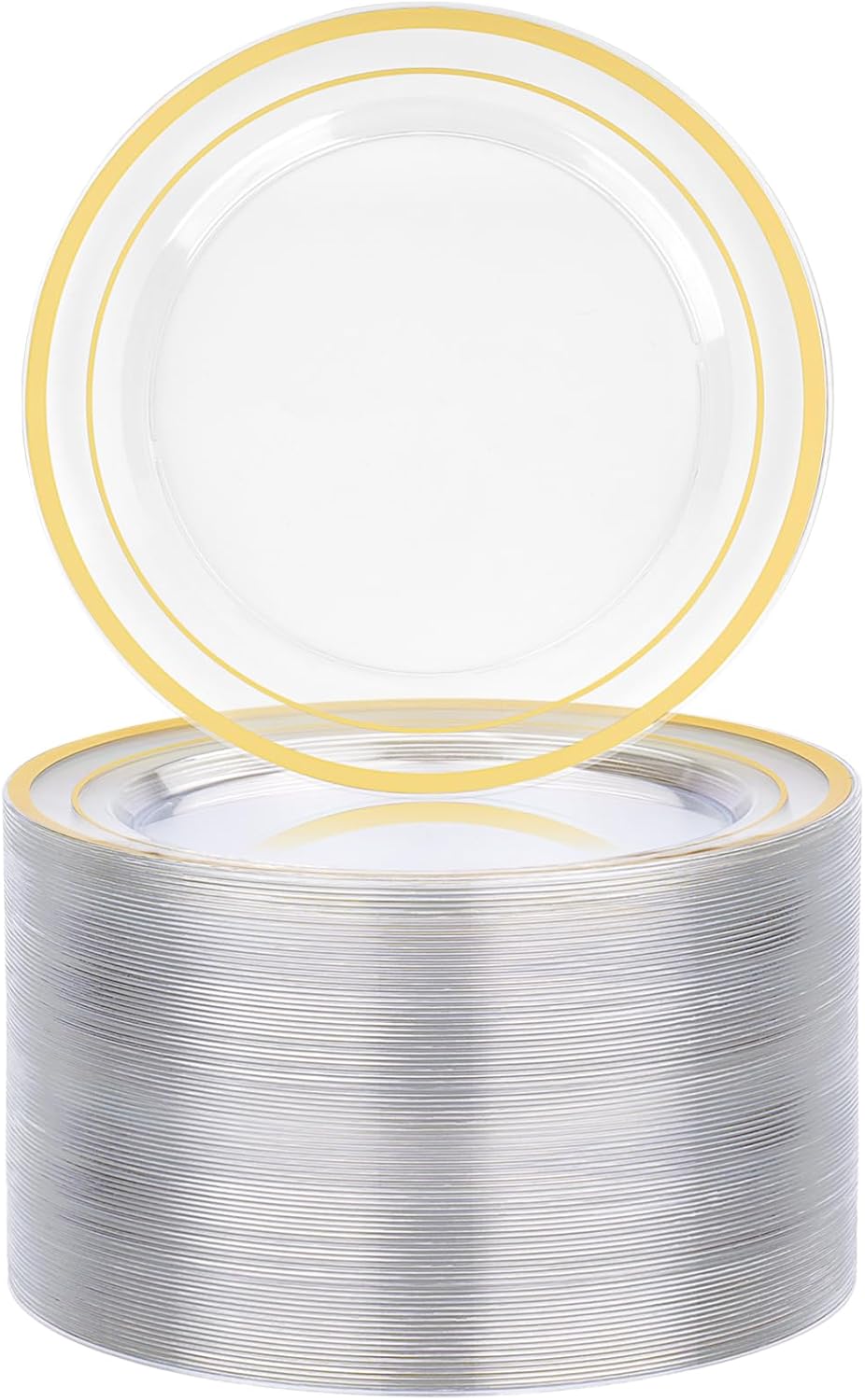 BESTVIP 100PCS 7 Inch Clear Plastic Dessert Plates, Disposable Salad Plate with Gold Rim, Heavy Duty Plastic Small Cakes Plates for Party, Wedding and Birthday, Christmas, Thanksgiving, Events