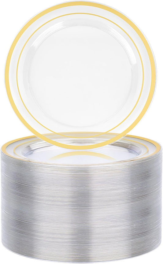 BESTVIP 100PCS 7 Inch Clear Plastic Dessert Plates, Disposable Salad Plate with Gold Rim, Heavy Duty Plastic Small Cakes Plates for Party, Wedding and Birthday, Christmas, Thanksgiving, Events
