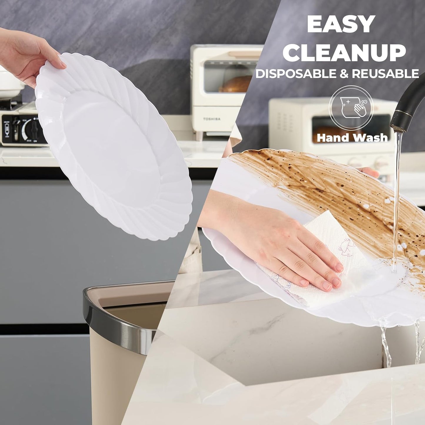 U-QE 25 Count Oval White Plastic Plates - 13.4 inch Large Disposable Plates Heavy Duty, Ideal for Party, BBQ, Picnic and Weddings