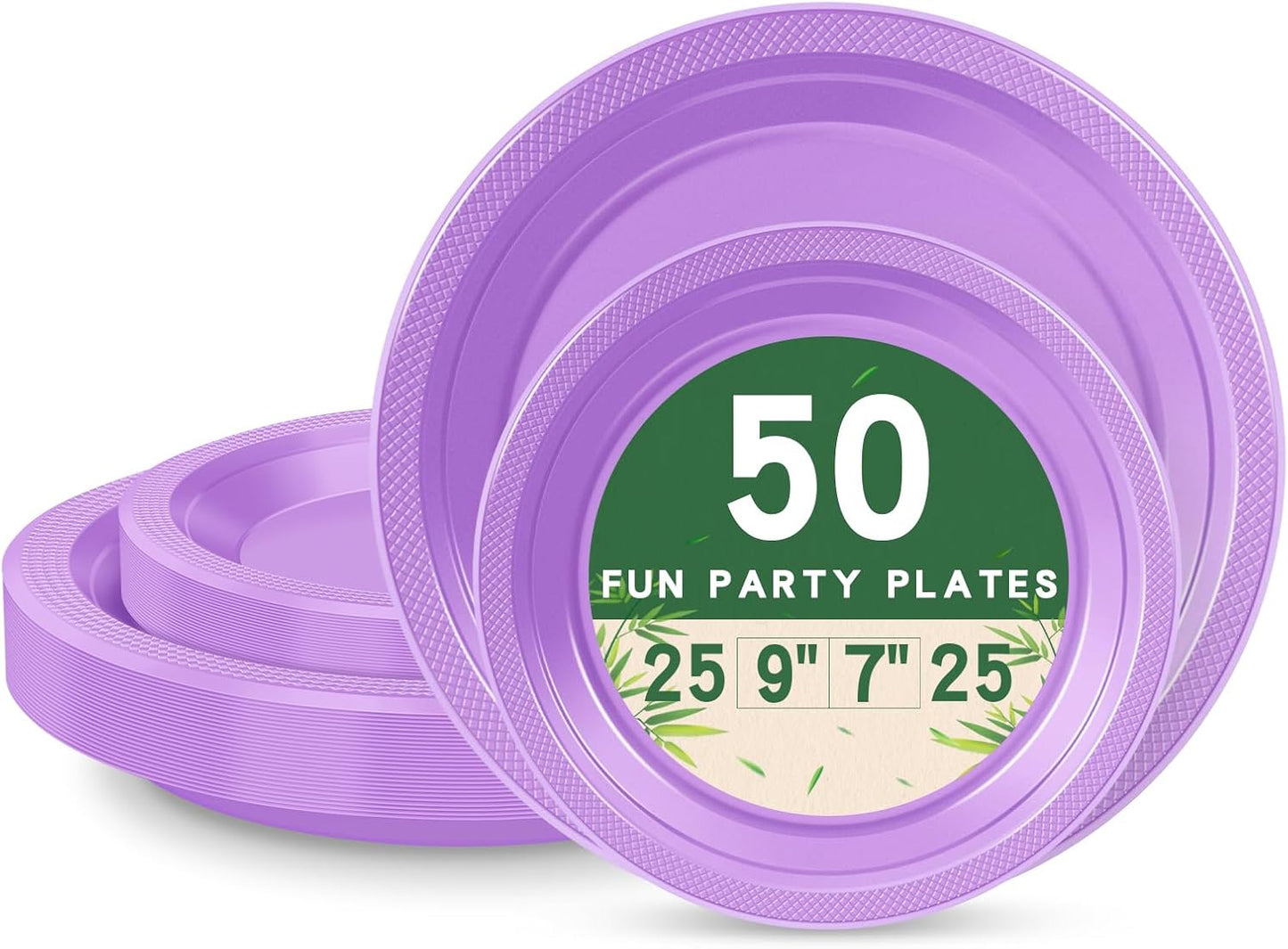 50 Lavender Plastic Plates For Party, Includes 25-9" & 25-7" Cake Dessert Plastic Dinner Plates Disposable For Party Supplies