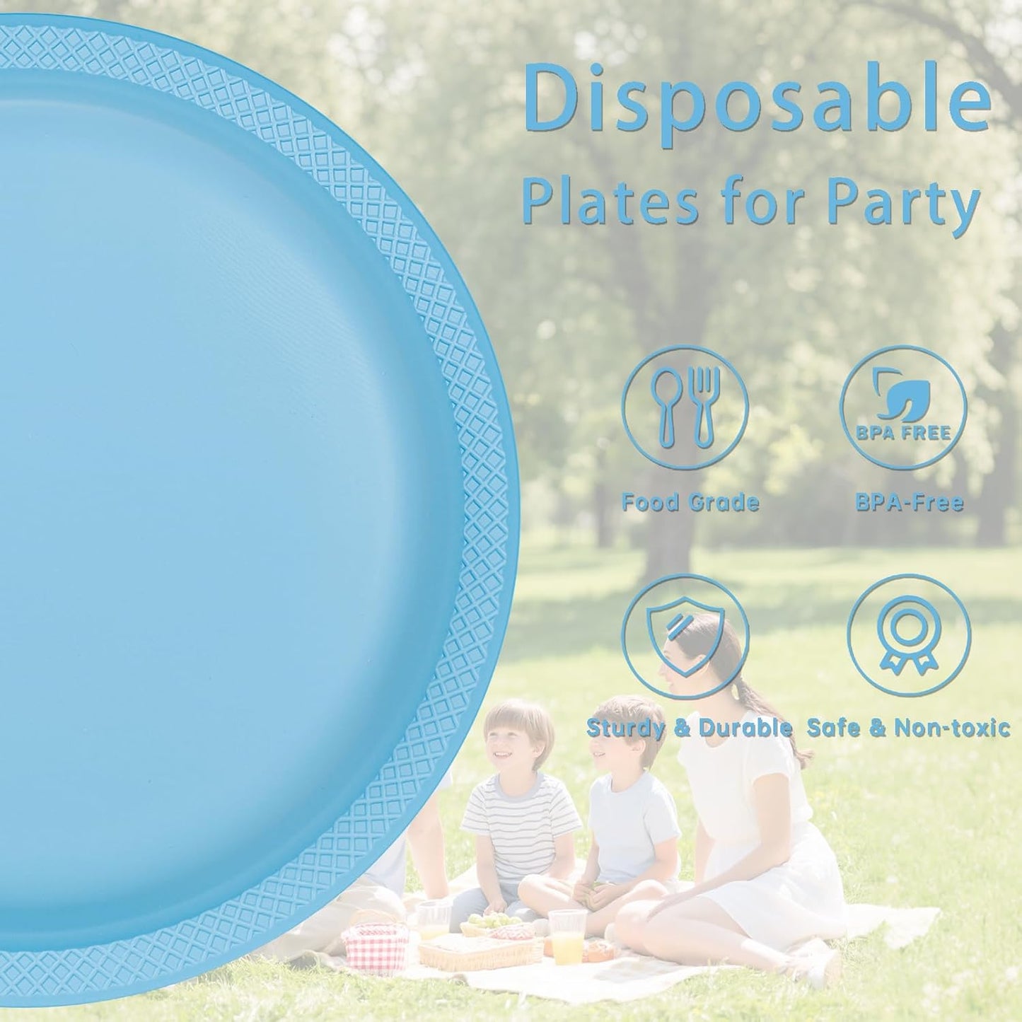 WELLIFE 7 Inch Plastic Plates Light Blue 50 Count Disposable Plate for Party, Dessert Small Plates for Dinner Cake Salad Supplies Birthday