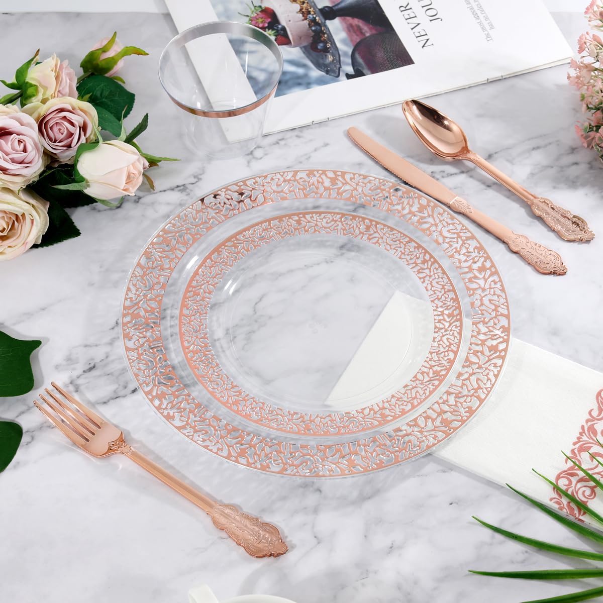 I00000 50 Guests Clear Rose Gold Plastic Plates - Disposable Dinnerware Set Includes: 100 Clear Rose Gold Plastic Plates, 150 Silverware, 50 Napkins, 50 Cups Perfect for Party & Wedding