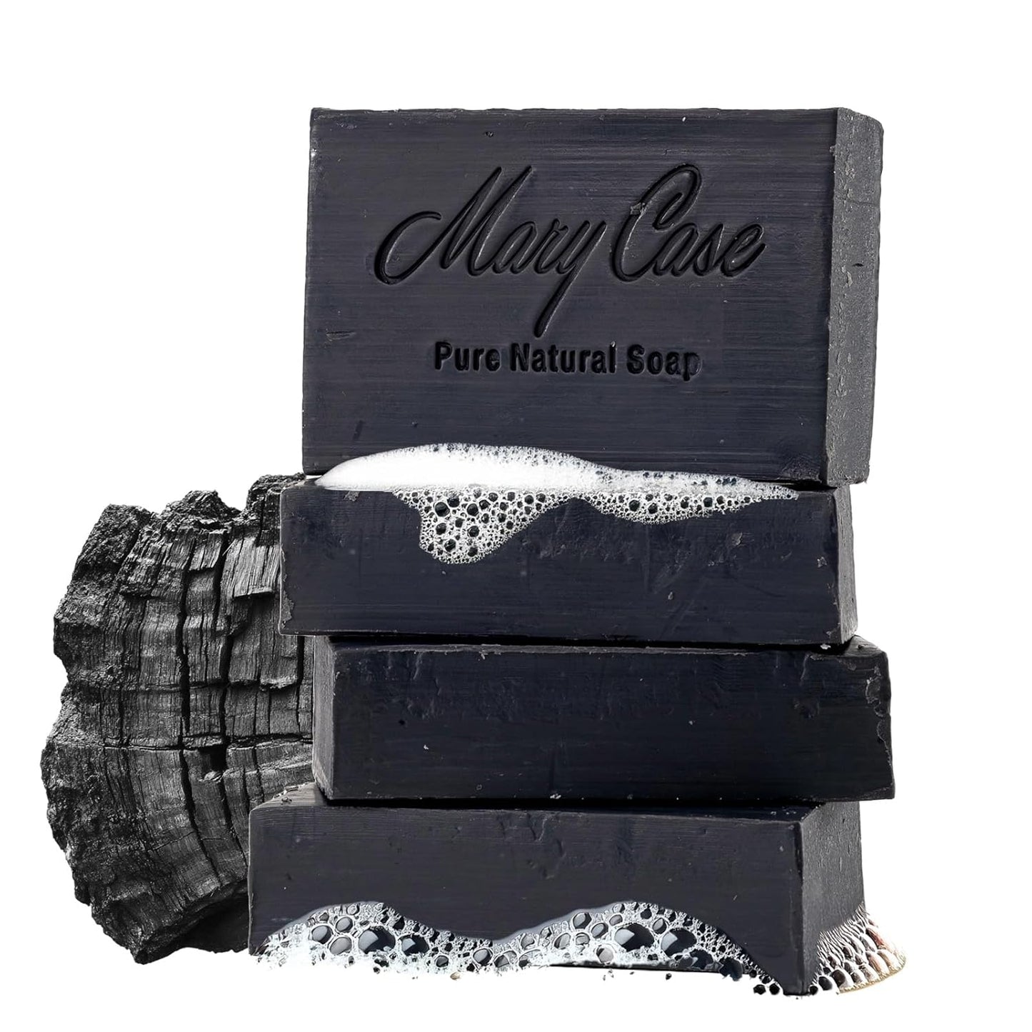 Mary Case All Natural Bar Soap for Men & Women (Set of 4) - Active Charcoal Bath Soap Bar with Olive & Coconut Oils - Vegan Bath Soaps Bars for Deep Cleansing, Detoxifying Pores & Removing Impurities