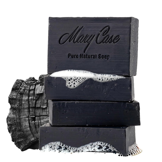 Mary Case All Natural Bar Soap for Men & Women (Set of 4) - Active Charcoal Bath Soap Bar with Olive & Coconut Oils - Vegan Bath Soaps Bars for Deep Cleansing, Detoxifying Pores & Removing Impurities