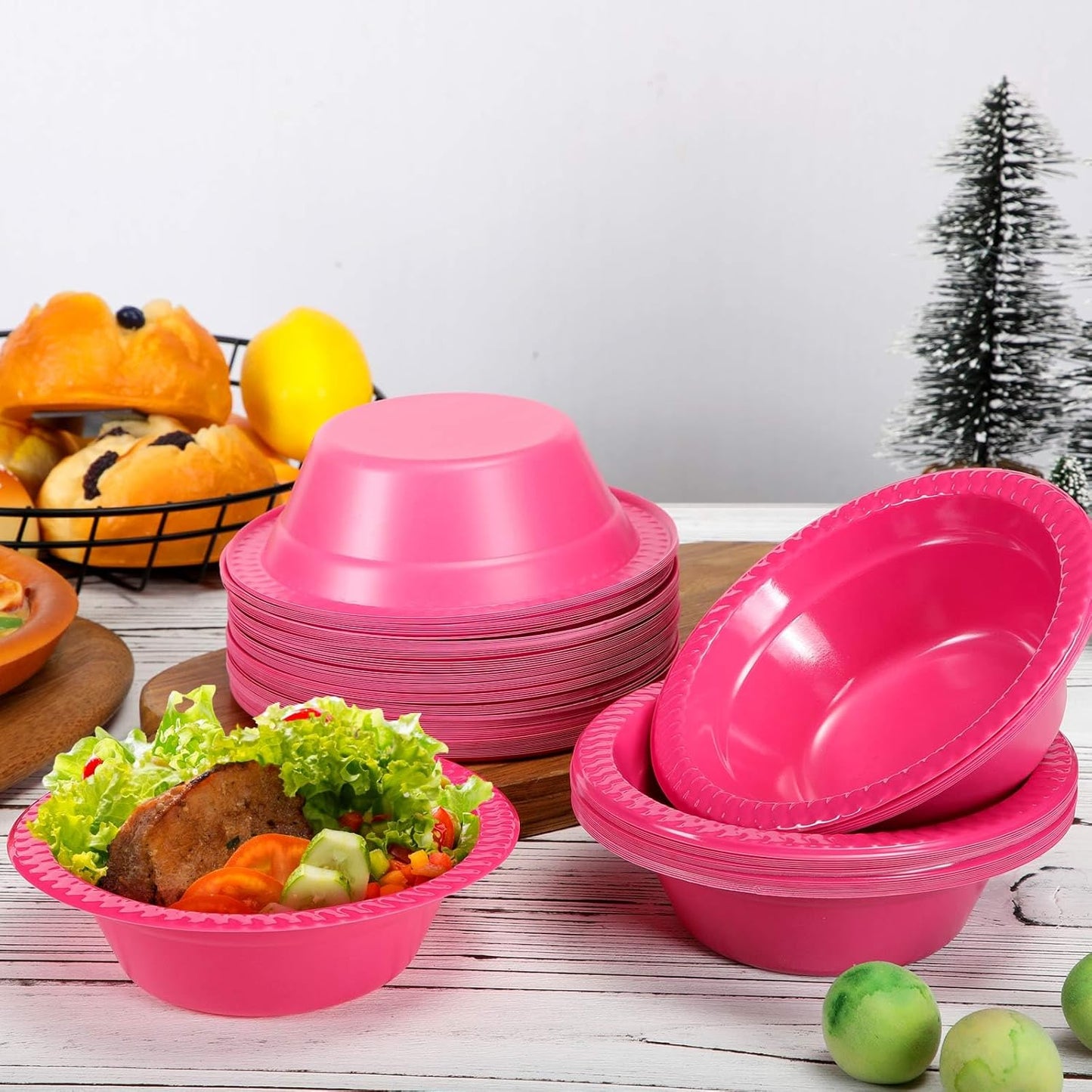 Lallisa 100 Pcs 12oz Hot Pink Disposable Plastic bowls Dessert Cups Ice Cream Snack Salad Soup Food Serving Bowls for Party Favor Picnic