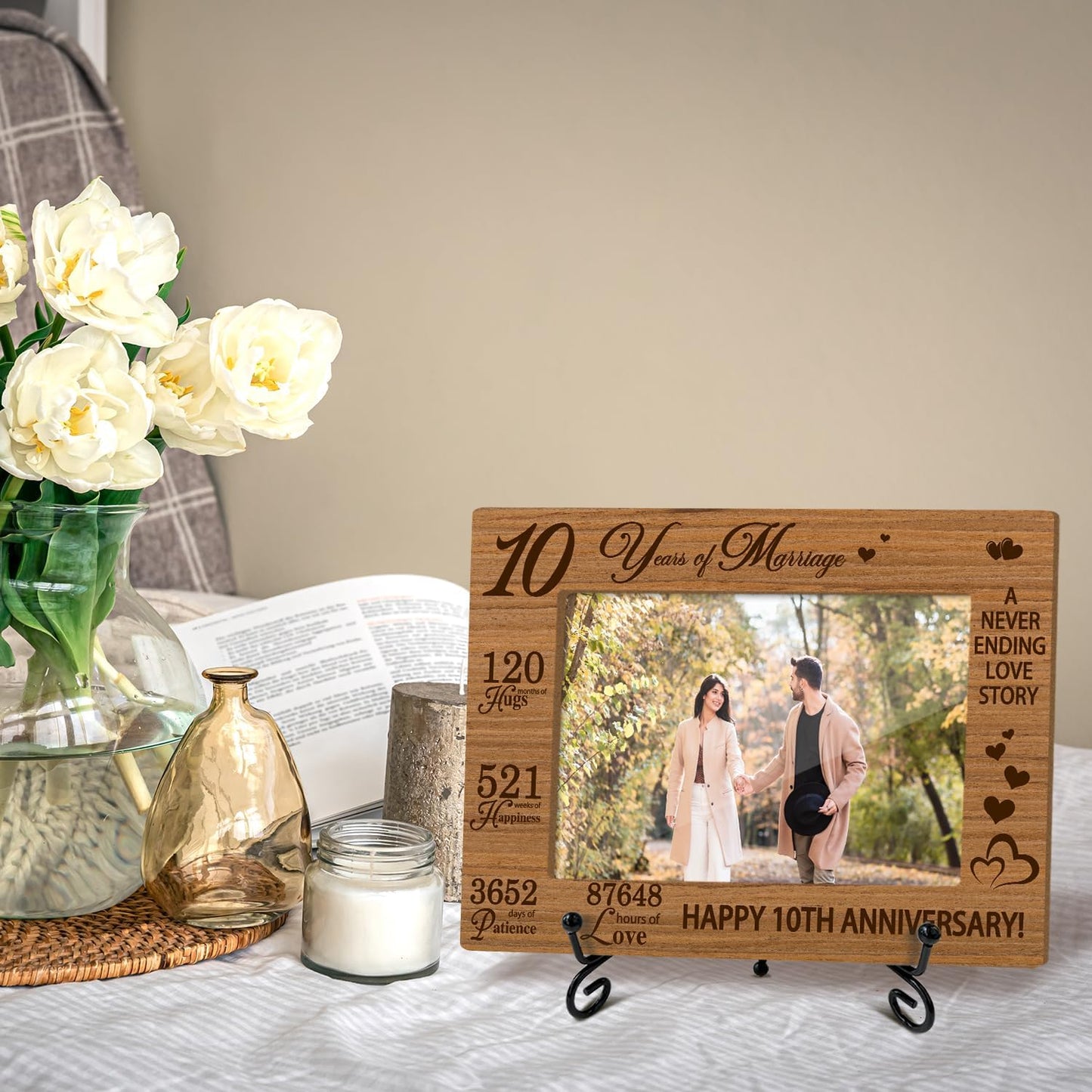 10 Years of Marriage Picture Frame, 10th Anniversary Wedding Valentines Gifts For Husband Wife Couple, 4x6 Wooden Picture Frame Tabletop Display Home Decor -04