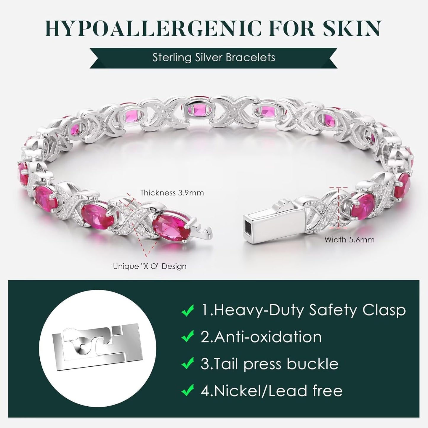 Iefil Oval Birthstone Bracelets for Women, Sterling Silver Tennis Bracelets Unique X O Design Fine Jewelry Christmas Gifts Anniversary Birthday Gifts for Her Birthstone Jewelry for Wife Mom Grandma