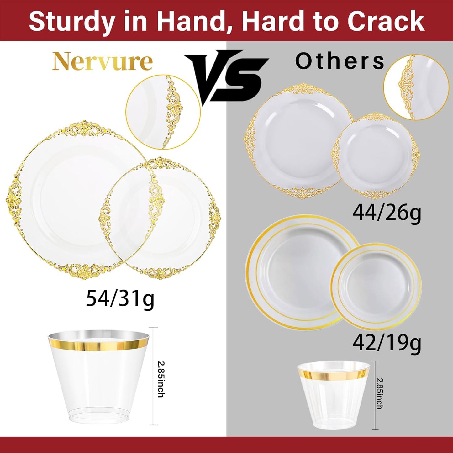 Nervure 175PCS Clear Gold Plastic Plates - Disposable Gold Party Plates & Pre Rolled Napkins with Cutlery for 25 Guests, 50Plates, 75Silverware, 25Cups, 25Napkin for Wedding & Party & Thanksgiving