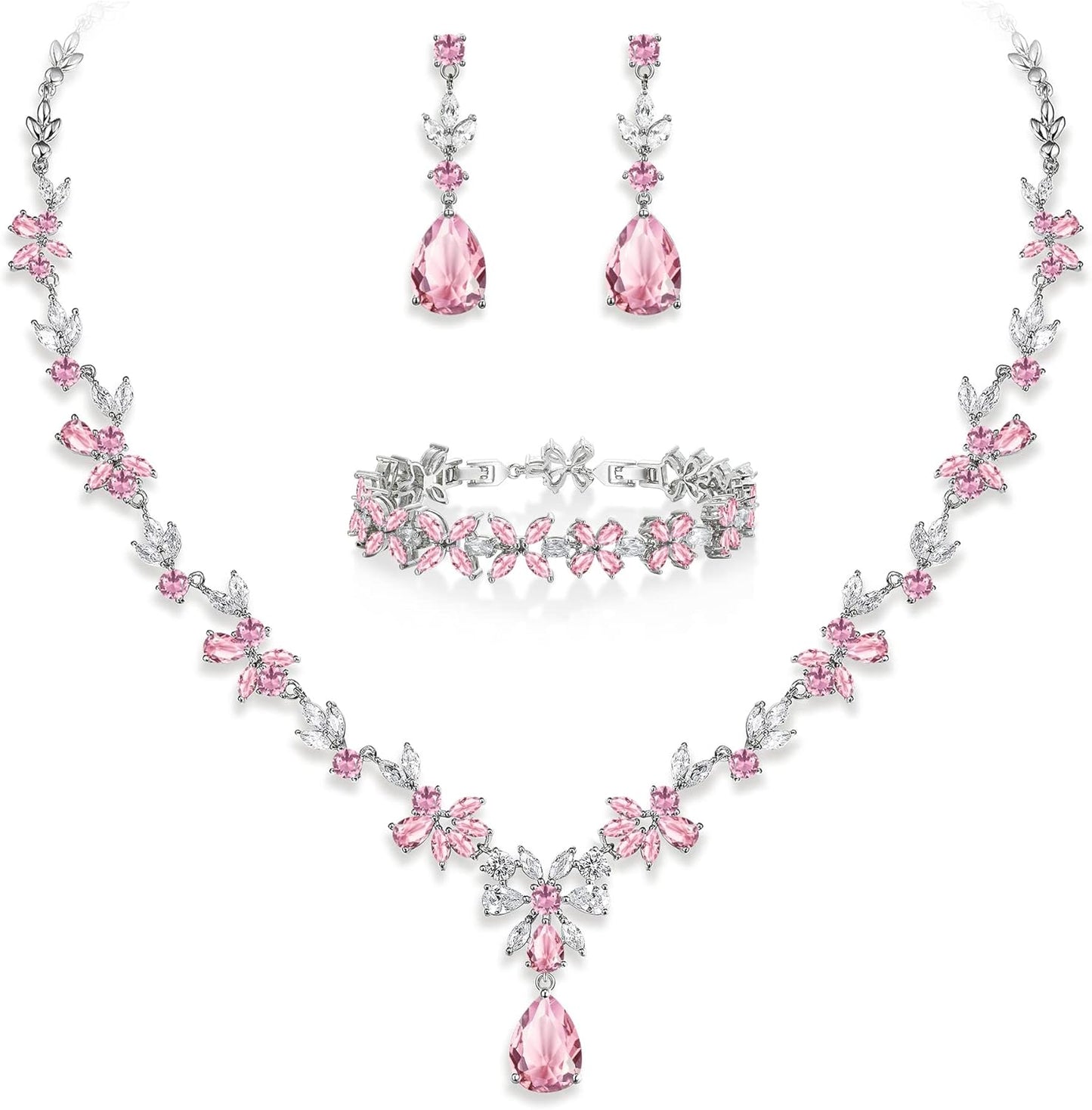 EVER FAITH Bridal Jewelry Set for Bride Bridesmaid, Flower Leaf Teardrop Cubic Zirconia Necklace Dangle Earrings Bracelet Sets Wedding Party for Women