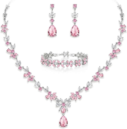 EVER FAITH Bridal Jewelry Set for Bride Bridesmaid, Flower Leaf Teardrop Cubic Zirconia Necklace Dangle Earrings Bracelet Sets Wedding Party for Women