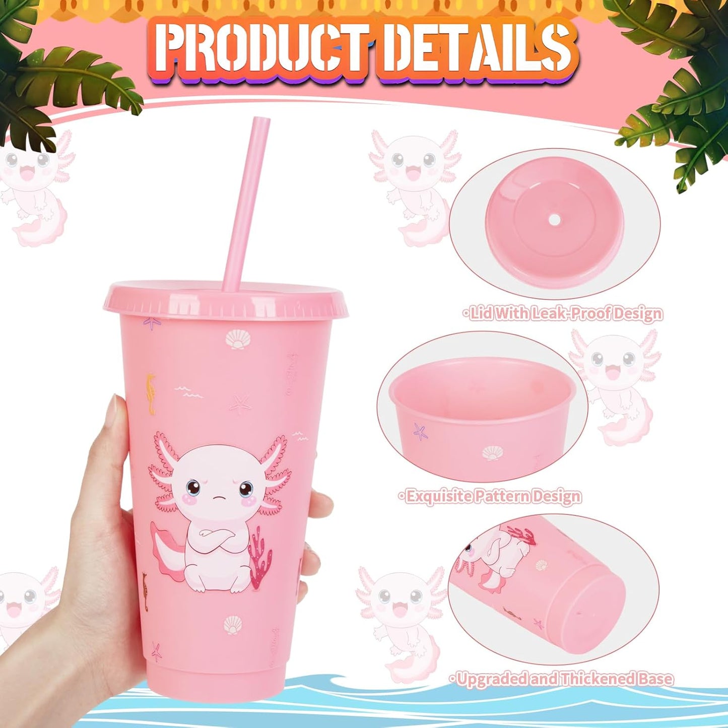 30 Pcs Pink Axolotl Party Favor Cute Axolotl Party Cups with Lid Straw 24 oz Plastic Drink Cups Reusable Bulk Axolotl Tumblers for Reptile Animals Theme Birthday Supplies Gifts