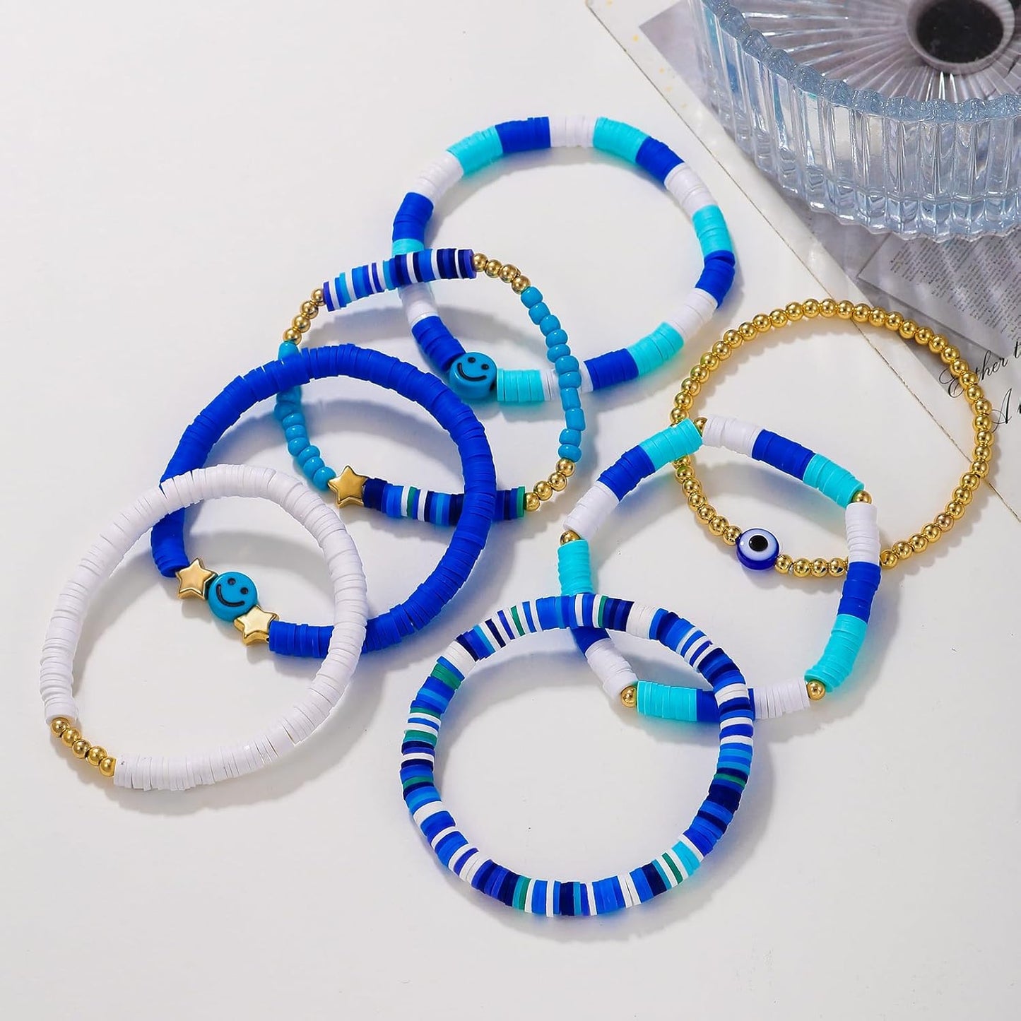 Friendship Bracelets for Women - Heishi Surfer Colorful Smile Evil Eye Clay Beaded Stretch Bracelets Elastic Layering - Stackable Boho Disc Y2K Aesthetic Summer Jewelry Set.