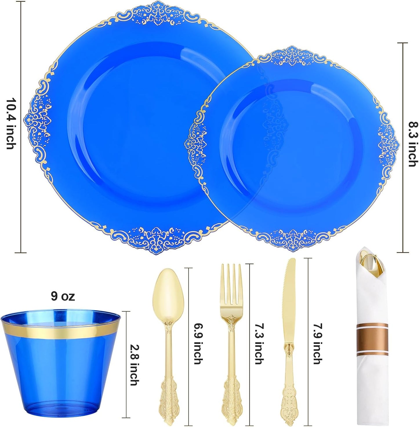 350 PCS Blue and Gold Plastic Plates, Disposable Dinnerware Set for 50 Guests, 100 Disposable Plates, 150 Silverwares, 50 Cups, 50 Napkins for Wedding, Party, Graduation