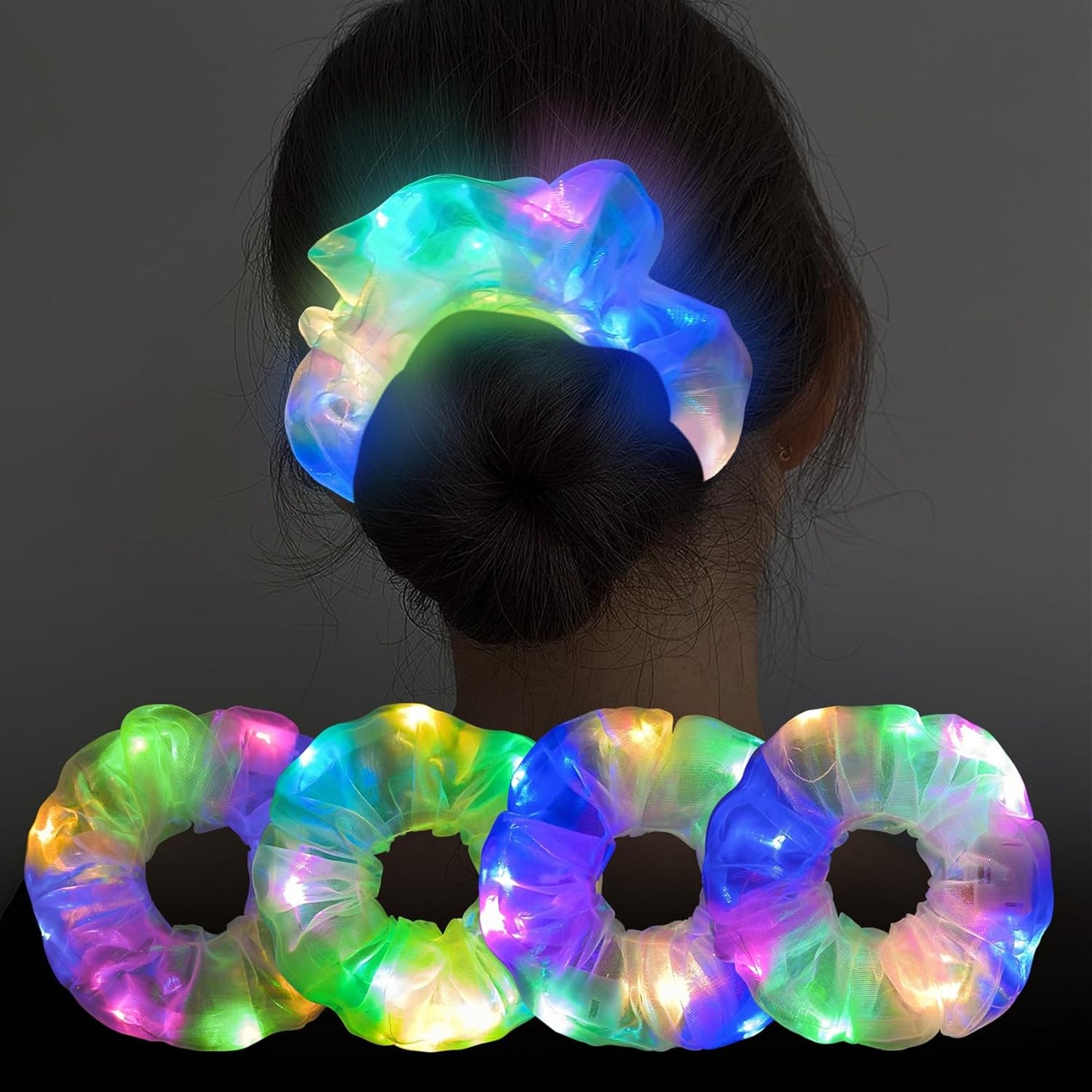 4Pcs Light Up Scrunchies Christmas Hair Tie, LED Neon Hair Accessories for Women & Girls, Glow in the Dark Party Supplies Sleepover Party Favor Rave Accessory